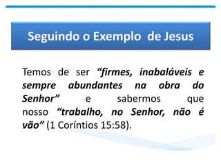 Temos de ser “firmes, inabaláveis e
sempre abundantes na obra do
Senhor” e sabermos que
nosso “trabalho, no Senhor, não é
vão” (1 Coríntios 15:58).
Seguindo o Exemplo de Jesus
 