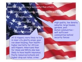Describe  how some more successful than others: Show differences in housing, education, health and crime for White Americans Black Americans Hispanic or Latino Americans Asian Americans High quality, low density suburbs; large houses, gardens, pool. Gated communities – self sufficient communities behind security fences Af & Hispanic more likely to live in inner city ghetto areas, poor run down housing; Poor health – higher mortality for African and Hispanic Americans than for Asian and White also less likely to have health insurance; Poorly resourced schools and higher drop out rates; crime 