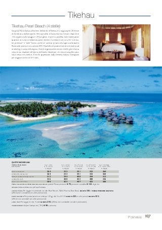 Tikehau
107Polinesia
BEACH BUNGALOW 264 332 351 332 264
OVERWATER BUNGALOW 264 332 351 332 264
PREMIUM OVERWATER BUNGALOW 312 394 408 394 312
OVERWATER SUITE 336 408 423 408 336
BEACH VILLA WITH POOL 360 423 447 423 360
PRIMA COLAZIONE AMERICANA INCLUSA NELLE QUOTE. Mezza pensione € 75, pensione completa € 124 al giorno.
OMAGGI PER GLI SPOSI: una perla polinesiana.
COMBO PEARL: Per soggiorni combinati con altri Pearl Resort (Tahiti, Moorea, Bora Bora) SCONTO 10% e MEZZA PENSIONE GRATUITA
(offerta non cumulabile con altre promozioni).
EARLY BOOKING: Per prenotazioni con anticipo 120 gg. dal 1/6 al 31/10 SCONTO 25%, in altri periodi SCONTO 35%
(offerte non cumulabili con altre promozioni).
LONG STAY: Per soggiorni min. 4 notti SCONTO 25% (offerta non cumulabile con altre promozioni).
TRASFERIMENTI: da/per l’aeroporto (TIH) € 98 a persona.
QUOTE INDIVIDUALI
TIKEHAU PEARL BEACH DAL 1 APRILE DAL 1 GIUGNO DAL 14 LUGLIO DAL 19 AGOSTO DAL 1 NOVEMBRE
sistemazione AL 31 MAGGIO AL 13 LUGLIO AL 18 AGOSTO AL 31 OTTOBRE AL 31 MARZO 2016
in doppia in doppia in doppia in doppia in doppia
Tikehau Pearl Beach (4 stelle)
Sorge sul Motu Kahaia,all’interno dell’atollo diTikehau e si raggiunge in 20 minuti
di motobarca dall’aeroporto.Vero paradiso di fauna marina, il resort dispone di
13 bungalow sulla spiaggia e 24 bungalow e suite su palafitta, tutte sistemazioni
spaziose, con aria condizionata, patio esterno e arredate con cura. Gli “overwa-
ter premium” e “suite” hanno anche un accesso privato alla laguna sottostante.
Ristorante, piscina e una piccola SPA. Possibilità di piacevoli attività di mare quali
snorkeling e canoa nella laguna. L’hotel organizza immersioni e belle gite in barca
verso motu disabitati all’interno dell’atollo. Ideale per chi cerca tranquillità asso-
luta e relax nel comfort. È molto apprezzato dalla clientela italiana. Consigliato
per soggiorni brevi di 3/ 4 notti.
 