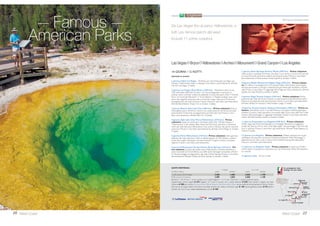 Include 9 prime colazioni all’americana, 1 pranzo e 6 cene. Accompagnatore locale che
parla solo italiano.
15West Coast
Con accompagnatore locale
di lingua italiana.
ATP-Pacchetto Avventura Californiana
Los Angeles Las Vegas Yosemite San Francisco Monterey
11 GIORNI / 9 NOTTI
PARTENZE DI DOMENICA
1 giorno, Italia/ Los Angeles - Partenza con voli di linea per Los Angeles
(diretti o via Europa). Incontro con un incaricato dell’ufficio corrispondente che
vi indicherà la fermata della navetta per il trasferimento in albergo. Check-in e
sistemazione nelle camere riservate. Cena libera e pernottamento all’hotel Hilton
Airport (4 stelle).
2 giorno, Los Angeles - Prima colazione.Al mattino visita della città: si vi-
sitano Hollywood, Beverly Hills e Rodeo Drive. Pranzo e pomeriggio a dispo-
sizione. Escursione facoltativa agli Universal Studios. Cena libera. Pernottamento.
3 giorno, Los Angeles/ LasVegas (430 km) - Prima colazione.Ap-
puntamento alle 7.30 del mattino nel lobby dell’hotel Hilton Airport. Incontro
con l’accompagnatore e partenza in pullman per LasVegas attraverso il deserto
Mojave. Pranzo libero.Arrivo nel pomeriggio a LasVegas. Cena e pernotta-
mento all’hotel Monte Carlo (4 stelle).
4 giorno, LasVegas - Prima colazione. Giornata a disposizione con
possibilità di effettuare un’escursione facoltativa allaValle della Morte. L’accom-
pagnatore è a disposizione per consigliare, orientare e prenotare questa o altre
attività facoltative. Pranzo libero. Cena e pernottamento.
5 giorno, LasVegas/ Mammoth Lakes (496 km) - Prima colazione.
Pranzo libero. Si lascia il deserto per le montagne della Sierra Nevada con arri-
vo a Mammoth Lakes nel pomeriggio. Cena in albergo. Pernottamento all’hotel
Mountain Inn (3 stelle). In primavera e autunno, se il PassoTioga risultasse
chiuso per neve, l’itinerario prevede un percorso alternativo con pernottamen-
to a Bakersfield/Fresno.
6 giorno, Mammoth Lakes/Yosemite Park/ San Francisco (499 km)
Prima colazione. Dal suggestivo PassoTioga (se chiuso al traffico, da Baker-
sfield) si penetra nel parcoYosemite e nella valle omonima. Pranzo libero. Si
visitano i punti più panoramici e suggestivi prima di proseguire nel pomeriggio
alla volta di San Francisco. Cena in ristorante. Pernottamento all’hotel Hilton o
Marriott (4 stelle).
7 giorno, San Francisco - Prima colazione.Al mattino, visita della “città
della baia”. Pomeriggio a disposizione; la guida proporrà una gita facoltativa a
Sausalito, gradevole cittadina di artisti sul lato opposto del Golden Gate. Pranzo
e cena liberi. Pernottamento.
8 giorno, San Francisco/ Carmel/ Monterey (205 km) - Prima cola-
zione. Mattina a disposizione. Pranzo libero. Nel primo pomeriggio si visitano
Monterey, una porzione della strada panoramica “17-Mile Drive” e l’elegante
cittadina di Carmel. Cena in un ristorante locale. Pernottamento all’hotel Hyatt
Regency Monterey o all’Historic Santa Maria Inn (4 stelle).
9 giorno, Monterey/Santa Barbara/ Los Angeles (552 km) - Prima
colazione. Rientro a Los Angeles attraverso la bella California. Sosta a Santa
Barbara per una breve visita. Pranzo libero e proseguimento per Los Angeles
dove il tour in pullman ha termine. Cena di arrivederci in ristorante. Pernotta-
mento all’hotel Hilton Airport (4 stelle).
10 giorno, Los Angeles/ Italia - Prima colazione e check out. Mattina a
disposizione.Trasferimento in aeroporto con servizio navetta offerto dall’alber-
go. Partenza per l’Italia con voli di linea. Pernottamento a bordo.
11 giorno, Italia - Arrivo in Italia.
California Dreamin’
26 APRILE, 3, 10, 17, 24, 31 MAGGIO, 7, 14, 21 GIUGNO, 2.100 1.335 1.580 940
28 GIUGNO, 5, 12, 19, 26 LUGLIO, 2, 9, 16, 23, 30 AGOSTO 2.395 1.560 1.580 940
6, 13, 20, 27 SETTEMBRE, 4, 11 OTTOBRE 2.100 1.335 1.580 940
Bambino = min. 8 max 11 anni in camera con 2 adulti; Ragazzo = 12-15 anni; *SoloTour = senza la porzione aerea.
Supplemento camera singola € 645. Ragazzo 12-15 anni in camera con 2 adulti riduzione € 640.Terzo adulto in doppia uso tripla
riduzione € 290 per camera. CON LUFTHANSA / BRITISH AIRWAYS / AIR FRANCE-KLM E DELTA quote valide da tutti gli aeroporti Nord e Cen-
tro Italia serviti dai singoli vettori. CON ALITALIA voli diretti da Roma supp. € 90; da Sud Italia e isole supp. € 190; da Milano e da tutti
gli aeroporti Nord e Centro Italia incluso Napoli nessun supplemento. Quota gestione pratica € 70 adulti e bambini dai 2 anni in poi.
TASSE AEROPORTUALI (circa): € 410.
QUOTE INDIVIDUALI
in doppia SOLO TOUR*
da Milano e Roma adulto bambino adulto bambino
Monterey
 