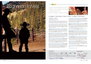 Dal Grand Canyon al Parco Yellowstone, attraverso i paesaggi delle Montagne Rocciose.
19West Coast
ATP-National Park Explorer
Los Angeles Grand Canyon Monument Arches Tetons Yellowstone Bryce
14 GIORNI / 12 NOTTI
PARTENZE DI GIOVEDÌ
1 giorno, Italia/ Los Angeles - Partenza con voli di linea per Los Angeles
(diretti o via Europa).Trasferimento in albergo (per gli alberghi in zona aero-
porto tramite servizio navetta). Cena libera e pernottamento all’hotel Hilton
Airport o Millennium Biltmore (4 stelle).
2 giorno, Los Angeles - Prima colazione, pranzo e cena liberi.Al mattino
giro orientativo della città. Pomeriggio a disposizione. Pernottamento.
3 giorno, Los Angeles/ Phoenix-Scottsdale (644 km) - Prima colazione,
pranzo e cena liberi. Presentarsi entro le ore 6:45 all’hotel Hilton Airport oppure
entro le ore 7:45 all’hotel Millennium Biltmore. Incontro con l’accompagnatore
e partenza in pullman per Phoenix attraverso il deserto di Mojave.Arrivo nel
pomeriggio. Pernottamento all’hotel Hampton Inn Phoenix North (2 stelle).
4 giorno, Scottsdale/ Sedona/ Grand Canyon (381 km) - Prima cola-
zione, pranzo e cena liberi.Attraversando l’Arizona si visitano le rovine indiane
di Montezuma Castle e la cittadina “new age” di Sedona, incorniciata dal gran-
dioso paesaggio dell’Oak Creek Canyon. Nel pomeriggio, si raggiunge la regione
del Grand Canyon. Pernottamento all’hotel Canyon Plaza (o similare 3 stelle).
5 giorno, Grand Canyon/ MonumentValley/ Canyonlands/ Moab (515
km) - Prima colazione, pranzo e cena liberi.Al mattino, visita di alcune terrazze
panoramiche sul Grand Canyon e proseguimento attraverso il Painted Desert ed
il pianoro della MonumentValley. Prima di raggiungere Moab, si ammirano scorci
del parco di Canyonlands. Pernottamento all’hotel Super8 (o similare 2 stelle).
6 giorno, Moab/ Arches/ Rock Springs (462 km) - Prima colazione, pranzo
e cena liberi.Al mattino si visita l’Arches National Park, dove vento e sabbia
hanno modellato sculture di pietra nel deserto. Nel pomeriggio si raggiunge Rock
Springs. Pernottamento all’hotel La Quinta (o similare 2 stelle).
7 giorno, Rock Springs/ GrandTetons/ Jackson Hole (382 km) - Prima
colazione, pranzo e cena liberi. Partenza di buon mattino per affrontare le Mon-
tagne Rocciose e ammirare i paesaggi dei GrandTetons. Pernottamento a Jackson
Hole, caratteristica cittadina del West, all’hotelVirginian Lodge (o similare 2 stelle).
8 giorno, Jackson Hole/Yellowstone (172 km) - Prima colazione, pranzo e
cena liberi. Intera giornata dedicata alla visita delle meraviglie naturali del parco di
Yellowstone (i famosi geysers, le solfatare, gli animali ed i paesaggi più spettacola-
ri). Pernottamento all’hotel Best Western Desert Inn o Grey Wolf (3 stelle).
9 giorno,Yellowstone/ Salt Lake City (517 km) - Prima colazione,
pranzo e cena liberi. Continuazione attraverso l’Idaho alla volta di Salt Lake City,
capitale della chiesa Mormone.Visita orientativa della città (Temple Square, il
Tabernacolo, il Campidoglio). Pernottamento all’hotel Crystal Inn (3 Stelle).
10 giorno, Salt Lake City/ Bryce Canyon (454 km) - Prima colazione,
pranzo e cena liberi. Proseguimento verso Sud e visita del parco Bryce, dove la
natura si è sbizzarrita nel creare scenari naturali originali e bellissime sculture di
roccia. Pernottamento all’hotel BryceView Lodge (3 stelle).
11 giorno, Bryce Canyon/ Zion/ LasVegas (381 km) - Prima colazio-
ne, pranzo e cena liberi.Al mattino si visitano le cattedrali di roccia del vicino
parco Zion, prima di proseguire alla volta di LasVegas. Pernottamento all’hotel
Excalibur (3 stelle).
12 giorno, LasVegas/ Los Angeles (430 km) - Prima colazione, pranzo
e cena liberi. Partenza per Los Angeles e fine del tour. Pernottamento all’hotel
Hilton Airport o similare.
13 giorno, Los Angeles/ Italia - Prima colazione libera.Trasferimento in
aeroporto e partenza per l’Italia con voli di linea. Pernottamento a bordo.
14 giorno, Italia - Arrivo in Italia.
America the Beautiful
Con accompagnatore locale
multilingue che parla italiano.
Rock Springs
4, 25 GIUGNO, 3 SETTEMBRE 1.885 1.065 1.365 660
9, 23 LUGLIO, 6, 20 AGOSTO 2.180 1.290 1.365 660
Bambino = min. 8 max 11 anni in camera con 2 adulti; Ragazzo = 12-15 anni; *SoloTour = senza la porzione aerea.
Supplemento per sistemazione a Los Angeles presso hotel Biltmore € 80 per persona. Forfait 12 prime colazioni € 150. Supplemento
camera singola € 1.100. Ragazzo 12-15 anni in camera con 2 adulti riduzione € 1.070.Terzo adulto in doppia uso tripla riduzione € 660
per camera.CON LUFTHANSA / BRITISH AIRWAYS /AIR FRANCE-KLM E DELTA quote valide da tutti gli aeroporti Nord e Centro Italia serviti dai singoli
vettori.CON ALITALIA voli diretti da Roma supp.€ 90;da Sud Italia e isole supp.€ 190;da Milano e da tutti gli aeroporti Nord e Centro Italia
incluso Napoli nessun supplemento. Quota gestione pratica € 70 adulti e bambini dai 2 anni in poi. TASSE AEROPORTUALI (circa): € 410.
QUOTE INDIVIDUALI
in doppia SOLO TOUR*
da Milano e Roma adulto bambino adulto bambino
 