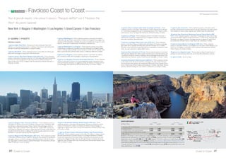 Denver Rocky Mountains Mt. Rushmore Yellowstone Canyonlands Arches
22 West Coast
15 GIORNI / 13 NOTTI
PARTENZE DI DOMENICA
1 giorno, Italia/ Denver - Partenza con voli di linea per Denver.Arrivo e
trasferimento libero in albergo. Cena libera e pernottamento all’hotel Holiday
Inn Cherry Creek (o similare 3 stelle).
2 giorno, Denver/ Rocky Mountains Park/ Cheyenne (385 km)
Prima colazione. Presentarsi entro le ore 7:30 nella lobby dell’hotel. Incontro
con l’accompagnatore e partenza in pullman per il Parco delle Montagne
Rocciose. Si sale oltre i 3.500 metri e si ammirano vari punti panoramici prima
di scendere a valle. Pranzo e cena liberi, pernottamento all’hotel Holiday Inn
Cheyenne (o similare 3 stelle).
3 giorno, Cheyenne/ Mammoth Site & Hot Springs (386 km) - Prima
colazione. Proseguimento alla volta del South Dakota.Visita agli scavi di Mam-
moth Site. In serata la guida proporrà una cena facoltativa in stile cowboy. Pranzo
e cena liberi, pernottamento all’hotel Super 8 Hot Springs (o similare 3 stelle).
4 giorno, Hot Springs/ Crazy Horse Memorial/ Badlands/ Rapid City
(330 km) - Prima colazione.Al mattino si visita il Crazy Horse Memorial.
Nel pomeriggio si prosegue per il Parco di Badlands, le cui rocce al tramonto si
illuminano di mille colori.Al termine, continuazione alla volta di Rapid City. Pranzo
e cena liberi, pernottamento all’hotel Best Western Ramkota (3 stelle).
5 giorno, Rapid City/ 1880Train/ Mt. Rushmore/ DevilsTower/
Sheridan (540 km) - Prima colazione.Al mattino si raggiunge Hill City per
effettuare un breve tragitto su un treno d’epoca a vapore e poi si prosegue per il
Monte Rushmore dove si ammirano le effigi dei presidenti americani scolpite sulla
montagna. Nel pomeriggio si raggiunge il DevilsTower, un pinnacolo di basalto
che si erge per quasi 300 metri di altezza sulla prateria circostante. Pranzo e cena
liberi. Pernottamento all’hotel Best Western Sheridan Center (o similare 3 stelle).
6 giorno, Sheridan/ Bighorn Pass/ Cody (236 km) - Prima colazione.
Si procede attraverso la Bighorn National Forest e il panoramico Bighorn Pass
alla volta di Cody in Wyoming. Pomeriggio dedicato alla visita del Buffalo Bill
Historical Center, il più completo museo del vecchio West. In serata, possibilità
di assistere ad un rodeo (attività facoltativa da pagarsi in loco). Pranzo e cena
liberi, pernottamento all’hotel Holiday Inn Buffalo BillVillage (3 stelle).
7 giorno, Cody/Yellowstone (175 km) - Prima colazione.Al mattino, at-
traverso l’East Gate si accede al più antico e famoso Parco Nazionale americano:
Yellowstone. Qui si visita il geyser “Old Faithful”, una vera meraviglia della natura,
e lungo il percorso si ammirano anche altri luoghi e paesaggi incantati di questa
regione. Pranzo e cena liberi, pernottamento all’hotel GrantVillage (3 stelle).
8 giorno, ParcoYellowstone - Prima colazione. Intera giornata di visite
all’interno del parco nazionale. Pranzo e cena liberi. Pernottamento.
9 giorno,Yellowstone/ GrandTetons/ Jackson/ Pocatello (310 km)
Prima colazione. Usciti dal parco si ammirano i picchi dei GrandTetons
prima di giungere a Jackson. Pranzo e cena liberi. Pernottamento all’hotel Best
Western Pocatello (o similare 3 stelle).
10 giorno, Pocatello/ Salt Lake City (266 km) - Prima colazione.
Proseguimento lungo il Grande Lago Salato alla volta di Salt Lake City, capitale
dello Utah e della chiesa Mormone. Pranzo e cena liberi, pernottamento all’ho-
tel Shilo Inn (o similare 3 stelle).
11 giorno, Salt Lake City/ Canyonlands/ Moab (320 km) - Prima
colazione. Dopo un giro orientativo dei principali luoghi d’interesse, partenza
per il Parco di Canyonlands dove si ammirano magnifiche formazioni rocciose
prima di raggiungere Moab sulle rive del Colorado. Pranzo e cena liberi, per-
nottamento all’hotel Big Horn Lodge (o similare 3 stelle).
12 giorno, Moab/ Arches/ Moab (200 km) - Prima colazione.Al
mattino, visita al meraviglioso Parco Arches, famoso per le formazioni rocciose
createsi attraverso millenni di erosione. Pomeriggio a disposizione. Pranzo e
cena liberi, pernottamento.
13 giorno, Moab/ Denver (385 km) - Prima colazione.Tappa di
trasferimento attraverso le Montagne Rocciose per raggiungere Denver nel
pomeriggio. Pranzo e cena liberi, pernottamento all’hotel Holiday Inn Cherry
Creek (3 stelle).
14 giorno, Denver/ Italia - Prima colazione e check-out.Trasferimento
libero in aeroporto e partenza con voli di linea per l’Italia via Europa o scalo
americano. Pernottamento a bordo.
15 giorno, Italia - Arrivo in Italia.
Indiani e Cowboys TRV - Cowboys & Indians
Il Far West delle praterie e delle Montagne Rocciose. Include 13 prime colazioni.
Con accompagnatore locale
di lingua italiana.
Pocatello
Billings
Rapid City
Mt. Rushmore
Arches/Canyonlands
7, 21 GIUGNO 2.380 1.450 1.850 1.045
5, 19 LUGLIO, 2, 16 AGOSTO 2.660 1.660 1.850 1.045
Bambino = min. 8 max 11 anni in camera con 2 adulti; Ragazzo = 12-15 anni; *SoloTour = senza la porzione aerea.
Supplemento camera singola € 865.Ragazzo 12-15 anni in camera con 2 adulti riduzione € 805.Terzo adulto in doppia uso tripla
riduzione € 625 per camera. CON LUFTHANSA / BRITISH AIRWAYS / AIR FRANCE-KLM E DELTA quote valide da tutti gli aeroporti Nord e
Centro Italia serviti dai singoli vettori.Da Sud Italia e isole (via Roma CON ALITALIA) + partners SkyTeam AIR FRANCE-KLM E DELTA supp.
€ 150. Quota gestione pratica € 70 adulti e bambini dai 2 anni in poi. TASSE AEROPORTUALI (circa): € 420.
QUOTE INDIVIDUALI
in doppia SOLO TOUR*
da Milano e Roma adulto bambino adulto bambino
 