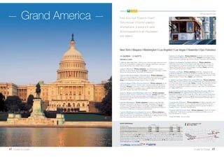 I parchi dello Utah, New Mexico e Arizona. Include 9 colazioni, 5 pranzi e 3 cene.
23West Coast
TRV, Southwestern Experience
LasVegas Bryce MesaVerde Santa Fe Monument Grand Canyon LosAngeles
12 GIORNI / 10 NOTTI
PARTENZE DI MARTEDÌ E DOMENICA
1 giorno, Italia/ LasVegas - Partenza con voli di linea alla volta di LasVegas
(via Europa).Trasferimento libero in albergo. Cena libera e pernottamento
all’hotelTropicana (4 stelle).
2 giorno, LasVegas/ Zion/ Bryce (390 km) - Presentarsi entro le ore
7:30 nella lobby dell’hotelTropicana. Incontro con l’accompagnatore e partenza
in pullman verso il parco Zion. Qui si ammirano le pareti di arenaria Navajo
dal fondo del canyon. Di seguito, si visita il parco Bryce. Pranzo libero. Cena e
pernottamento all’hotel Best Western Ruby’s Inn (o similare 3 stelle).
3 giorno, Capitol Reef/ Arches/ Moab (350 km) - Prima colazione.
Oggi si visitano due bellissimi parchi: Capitol Reef e Arches, ricchi di panorami
suggestivi e incredibili archi di roccia erosa dal vento. Pranzo e cena liberi.
Pernottamento all’hotel Ramada Inn (o similare 3 stelle).
4 giorno, Moab/ Canyonlands/ MesaVerde/ Durango (310 km)
Prima colazione. Al mattino si transita per Dead Horse Point, nel parco di
Canyonlands. Si prosegue poi in Colorado per visitare il parco MesaVerde dove
si ammirano i villaggi nella roccia degli indiani Anazasi. Pranzo in ristorante e
continuazione per Durango, tipica città di frontiera. Cena libera e pernottamen-
to all’hotel Durango Downtown Inn (o similare 3 stelle).
5 giorno, Durango/ Chama/ Espanola (175 km + treno a vapore)
Prima colazione.Al mattino si raggiunge Chama, epica stazione lungo la Rio
Grande Railway per un simpatico giro in treno a vapore attraverso i panorami
delle Montagne Rocciose. Pranzo in corso di escursione. Nel pomeriggio
si raggiunge Espanola. Cena libera e pernottamento all’hotel Santa Claran (o
similare 3 stelle).
6 giorno, Espanola/ Santa Fe/ Canyon de Chelly (500 km) - Prima
colazione. Proseguimento per Santa Fe e giro orientativo di questa storica
cittadina, ricca di vestigia indiane, spagnole e messicane. Pranzo libero. Cena e
pernottamento all’hotel Holiday Inn Chinle (o similare 3 stelle).
7 giorno, Canyon de Chelly/ MonumentValley/ Grand Canyon
(440 km) - Prima colazione.Visita allo spettacolare Canyon de Chelly e
si prosegue per la MonumentValley, sconfinato pianoro con monoliti. Sosta
presso la terrazza panoramica e tempo a disposizione per una gita facoltativa
a fondo valle. Pranzo libero e proseguimento per il Grand Canyon, con soste
presso alcune terrazze panoramiche. Cena e pernottamento all’hotel Holiday
Inn Express (o similare 3 stelle).
8 giorno, Grand Canyon/ Sedona/ Scottsdale (360 km) - Prima
colazione. Proseguendo verso sud, si fa tappa a Sedona per il pranzo in
ristorante. Nel pomeriggio, attraverso le rocce rosse dell’Oak Creek Canyon si
raggiunge Scottsdale. Cena libera e pernottamento all’hotel Embassy Suites (o
similare 4 stelle).
9 giorno, Scottsdale/ Los Angeles (590 km) - Prima colazione.
Ultima tappa da Scottsdale a Los Angeles attraverso la suggestiva strada del
deserto con sosta per il pranzo lungo il percorso.Arrivo a Los Angeles nel
pomeriggio. Cena libera e pernottamento all’hotel Hyatt Regency Downtown
(o similare 4 stelle).
10 giorno, Los Angeles - Prima colazione.Al mattino giro orientativo dei
quartieri più famosi (Hollywood, Beverly Hills).Termine del tour con il pranzo
all’hard Rock Café. Rientro libero in hotel o escursione facoltativa proposta
dalla guida. Cena libera e pernottamento.
11 giorno, Los Angeles/ Italia - Prima colazione e check-out. Pranzo
libero.Trasferimento in aeroporto e partenza con voli di linea per l’Italia. Per-
nottamento a bordo.
12 giorno, Italia - Arrivo in Italia.
Panorami del West
Con accompagnatore locale
di lingua italiana.
Chinle
EspanolaChama
26 MAGGIO, 9, 23 GIUGNO, 8, 22 SETTEMBRE 2.520 1.760 1.980 1.350
7 LUGLIO, 4, 9, 11, 18 AGOSTO 2.855 2.010 1.980 1.350
Bambino = min. 8 max 11 anni in camera con 2 adulti; Ragazzo = 12-15 anni; *SoloTour = senza la porzione aerea.
Supplemento camera singola € 680. Ragazzo 12-15 anni in camera con 2 adulti riduzione € 630.Terzo adulto in doppia uso tripla
riduzione € 485 per camera. CON LUFTHANSA / BRITISH AIRWAYS / AIR FRANCE-KLM E DELTA quote valide da tutti gli aeroporti Nord e
Centro Italia serviti dai singoli vettori.Da Sud Italia e isole (via Roma CON ALITALIA) + partners SkyTeam AIR FRANCE-KLM E DELTA supp.
€ 150. Quota gestione pratica € 70 adulti e bambini dai 2 anni in poi. TASSE AEROPORTUALI (circa): € 420.
QUOTE INDIVIDUALI
in doppia SOLO TOUR*
da Milano e Roma adulto bambino adulto bambino
 