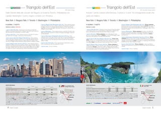 Triangolo dell’Est ATP-Eastern Triangle
Dalla Grande Mela alle cascate del Niagara, la moderna Toronto, Philadelphia e la
capitale Washington: il primo magico contatto con l’America.
9 GIORNI / 7 NOTTI
PARTENZE DI SABATO E MERCOLEDÌ
1 giorno, Italia/ NewYork - Partenza con volo di linea per NewYork
(diretto o via Europa).Trasferimento in albergo. Cena libera e pernottamento
all’hotel DoubleTree Metropolitan (o similare 4 stelle).
2 giorno, NewYork - Prima colazione, pranzo e cena liberi. Al mattino
giro della città. Pomeriggio a disposizione. Pernottamento.
3 giorno,giorno,NewYork/ Niagara Falls (632 km) - Prima colazione,
pranzo e cena liberi. Presentarsi entro le ore 7:15 nella lobby dell’hotel. Incontro
con l’accompagnatore locale e partenza in pullman attraverso lo Stato di New
York.Arrivo a Niagara Falls. Pernottamento all’hotel Sheraton o Radisson (4 stelle).
4 giorno, Niagara Falls eToronto (339 km) - Prima colazione, pranzo e
cena liberi.Al mattino, escursione in pullman aToronto e giro orientativo della cit-
tà.Tempo a disposizione presso l’Eaton Centre. Nel pomeriggio, rientro a Niagara
Falls e gita in battello Maid of the Mist fino ai piedi delle cascate (nei mesi freddi
se il battello non opera si visitano gli ScenicTunnels scavati dietro le cascate).
5 giorno, Niagara Falls/ Washington (691 km) - Prima colazione, pranzo
e cena liberi. Partenza di buon mattino in direzione Sud, attraverso il gradevole
paesaggio collinare e le campagne della Pennsylvania e l’Amish Country per
raggiungere nel tardo pomeriggio Washington. Pernottamento all’hotel Hilton o
Marriott o Omni (4 stelle).
6 giorno,Washington - Prima colazione, pranzo e cena liberi.Al mattino, visita
della città (principali monumenti e cimitero di Arlington). Pomeriggio a disposizio-
ne. Pernottamento.
7 giorno,Washington/ Philadelphia/ NewYork (379 km) - Prima
colazione, pranzo e cena liberi. Rientro a NewYork con sosta a Philadelphia per
una breve visita ai principali monumenti storici.Arrivo a NewYork nel pome-
riggio e termine del tour. Pernottamento all’hotel DoubleTree Metropolitan (o
similare 4 stelle).
8 giorno, NewYork/ Italia - Prima colazione libera.Trasferimento in aero-
porto e partenza per l’Italia. Pernottamento a bordo.
9 giorno, Italia - Arrivo in mattinata.
New York Niagara Falls Toronto Washington Philadelphia
Con accompagnatore locale
multilingue che parla italiano.
Toronto
4 East Coast
4, 11, 18, 25 APRILE, 2, 6, 9, 16, 20, 23, 27, 30 MAGGIO
3, 6, 10, 13, 17, 20, 24 GIUGNO 1.525 735 1.155 450
27 GIUGNO, 1, 4, 8, 11, 15, 18, 22, 25, 29 LUGLIO
1, 5, 8, 12, 15, 19, 22, 26, 29 AGOSTO, 2 SETTEMBRE 1.865 1.035 1.095 450
5, 9, 12, 16, 19, 23, 26, 30 SETTEMBRE
3, 7, 10, 14, 17, 21, 24, 31 OTTOBRE 1.605 735 1.235 450
Bambino = min. 8 max 11 anni in camera con 2 adulti; Ragazzo = 12-15 anni; *SoloTour = senza la porzione aerea.
Partenze di Mercoledì (in rosso) supplemento € 275 fino al 17/6. Dal 24/6 in poi € 175. Forfait 7 prime colazioni € 150. Supplemento
camera singola € 800 (partenze di Mercoledì € 990). Ragazzo 12-15 anni in camera con 2 adulti riduzione € 645.Terzo adulto in doppia
uso tripla riduzione € 500 per camera. CON ALITALIA voli di collegamento da Sud Italia e isole supp. € 220; da tutti gli aeroporti Nord e
Centro Italia incluso Napoli nessun supplemento. CON EMIRATES voli diretti da Milano supp. € 80; partenze e/o ritorni diVenerdì o Sabato
supp. € 25. CON AMERICAN AIRLINES / BRITISH AIRWAYS / LUFTHANSA/ UNITED/ AIR FRANCE-KLM E DELTA quote valide da tutti gli aeroporti Nord e
Centro Italia serviti dai singoli vettori. Quota gestione pratica € 70 adulti e bambini dai 2 anni in poi. TASSE AEROPORTUALI (circa): € 370.
NOTA BENE: Le partenze di Mercoledì effettuano il circuito in senso inverso.
QUOTE INDIVIDUALI
in doppia SOLO TOUR*
da Milano e Roma adulto bambino adulto bambino
 