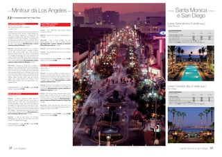 15 GIORNI / 13 NOTTI
PARTENZE DI VENERDÌ E MARTEDÌ
1 giorno, Italia/ Los Angeles - Partenza con voli di linea per Los Angeles
(diretti o via Europa).Trasferimento in albergo (per gli alberghi in zona aero-
porto tramite servizio navetta). Cena libera e pernottamento all’hotel Hilton
Airport o Millennium Biltmore (4 stelle).
2 giorno, Los Angeles - Prima colazione, pranzo e cena liberi.Al mattino
giro orientativo della città. Pomeriggio a disposizione. Pernottamento.
3 giorno, Los Angeles/ Phoenix-Scottsdale (644 km) - Prima colazione,
pranzo e cena liberi. Incontro con l’accompagnatore e partenza in pullman
per Phoenix attraverso la suggestiva strada del deserto di Mojave.Arrivo nel
pomeriggio. Pernottamento all’hotel Pointe Hilton (o similare 4 stelle).
4 giorno, Scottsdale/ Sedona/ Grand Canyon (381 km) - Prima cola-
zione, pranzo e cena liberi.Attraversando l’Arizona si visitano le rovine indiane
di Montezuma Castle e la cittadina di Sedona. Nel pomeriggio, si raggiunge la
regione del Grand Canyon. Pernottamento all’hotel Canyon Plaza (o similare 3
stelle).
5 giorno, Grand Canyon/ MonumentValley/ Lake Powell/ Kanab
(612 km) - Prima colazione, pranzo e cena liberi.Al mattino si visitano alcune
terrazze panoramiche sul Grand Canyon e si prosegue attraverso il Painted
Desert per la grandiosa MonumentValley (sosta presso la principale terrazza
panoramica). Raggiunta Page, sulle rive del Lago Powell, si continua nel pomerig-
gio alla volta di Kanab, nello Utah. Pernottamento all’hotel Best Westerns Red
Hills (o similare 3 stelle).
6 giorno, Bryce Canyon/ Zion Park/ LasVegas (519 km) - Prima co-
lazione, pranzo e cena liberi.Visita del Bryce Canyon alle prime luci del gior-
no. Al termine proseguimento per lo spettacolare parco Zion. Dopo la visita,
continuazione verso Las Vegas. Pernottamento all’hotel Excalibur (3 stelle).
7 giorno, LasVegas - Prima colazione, pranzo e cena liberi. Giornata a
disposizione. La guida è a disposizione per consigliare, orientare e prenotare
escursioni facoltative. Pernottamento.
8 giorno, LasVegas/ Mammoth Lakes (670 km) - Prima colazione, pran-
zo e cena liberi.Tappa di trasferimento dal deserto di Mojave ai paesaggi alpini
della Sierra Nevada. Pernottamento all’hotel Mountain Inn (3 stelle). Durante i
mesi freddi alcune partenze potranno prevedere un itinerario modificato con
pernottamento a Bakersfield/ Fresno.
9 giorno, ParcoYosemite (175 km) - Prima colazione, pranzo e cena liberi.
Intera giornata dedicata alla visita di questo immenso parco nazionale, famoso
per i suoi boschi secolari, le cascate, i ghiacciai, i giganteschi alberi Sequoia e la
bellezza dei suoi paesaggi sempre diversi. Pernottamento fuori dal parco presso
l’hotelYosemite Southgate (o similare 3 stelle).
10 giorno, ParcoYosemite/ San Francisco (268 km) - Prima colazione,
pranzo e cena liberi. Usciti dal parcoYosemite si prosegue alla volta di San
Francisco. Giro orientativo dei quartieri più caratteristici della città (Union
Square, Chinatown, il Fisherman’s Wharf e tempo permettendo il Golden Gate
Park). Pernottamento all’hotel Holiday Inn Civic Center o Whitcomb (o similare
3 stelle).
11 giorno, San Francisco - Prima colazione, pranzo e cena liberi. Intera
giornata a disposizione; la guida proporrà una gita facoltativa a Sausalito, grade-
vole cittadina di artisti sul lato opposto del Golden Gate. Pernottamento.
12 giorno, San Francisco/ Monterey / Carmel/ Santa Maria (490
km) - Prima colazione, pranzo e cena liberi. Continuazione verso sud e lungo
una porzione della magnifica strada panoramica “17-Mile Drive”. Passando per
Monterey e di seguito Carmel si prosegue poi per la regione di Santa Maria.
Pernottamento all’hotel Historic Santa Maria Inn o Radisson (3 stelle).
13 giorno, Santa Maria/ Los Angeles (255 km) - Prima colazione, pranzo
e cena liberi. Rientro a Los Angeles con una sosta a Santa Barbara. Con l’arrivo
a Los Angeles si conclude il tour in pullman. Pernottamento all’hotel Hilton
Airport (o similare 4 stelle).
14 giorno Los Angeles/ Italia - Prima colazione libera.Trasferimento in
aeroporto e partenza per l’Italia con voli di linea. Pernottamento a bordo.
15 giorno, Italia - Arrivo in Italia.
Attraverso Arizona, Utah, Nevada e California.
Tutto il meglio di questi quattro Stati.
Los Angeles Grand Canyon Bryce Las Vegas Yosemite San Francisco
ATP-Western Wonders
31West Coast
Con accompagnatore locale
multilingue che parla italiano.
3, 10, 17, 24 APRILE, 1, 5, 8, 15, 19, 22, 26, 29 MAGGIO
2, 5, 9, 12, 16, 19, 23, 26 GIUGNO 1.960 1.060 1.440 660
3, 7, 10, 14, 17, 21, 24, 28, 31 LUGLIO
4, 7, 11, 14, 18, 21, 25, 28 AGOSTO, 1 SETTEMBRE 2.255 1.285 1.440 660
4, 8, 11, 15, 18, 22, 25, 29 SETTEMBRE
2, 6, 9, 13, 16, 23, 30 OTTOBRE 1.960 1.060 1.440 660
Bambino = min. 8 max 11 anni in camera con 2 adulti; Ragazzo = 12-15 anni; *SoloTour = senza la porzione aerea.
Supplemento per sistemazione a Los Angeles presso hotel Biltmore € 80 per persona. Forfait 13 prime colazioni € 215. Supplemento
camera singola € 790. Ragazzo 12-15 anni in camera con 2 adulti riduzione € 770.Terzo adulto in doppia uso tripla riduzione € 480 per
camera. CON LUFTHANSA / BRITISH AIRWAYS / AIR FRANCE-KLM E DELTA quote valide da tutti gli aeroporti Nord e Centro Italia serviti dai singoli
vettori.CON ALITALIA voli diretti da Roma supp.€ 90;da Sud Italia e isole supp.€ 190;da Milano e da tutti gli aeroporti Nord e Centro Italia
incluso Napoli nessun supplemento. Quota gestione pratica € 70 adulti e bambini dai 2 anni in poi. TASSE AEROPORTUALI (circa): € 410.
QUOTE INDIVIDUALI
in doppia SOLO TOUR*
da Milano e Roma adulto bambino adulto bambino
 