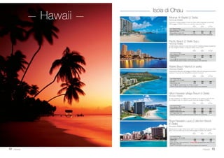 15 GIORNI / 13 NOTTI
PARTENZE DI MERCOLEDÌ
1 giorno, Italia/ Los Angeles - Partenza con voli di linea per Los Angeles
(diretti o via Europa). Incontro con un incaricato dell’ufficio corrispondente
che vi indicherà la fermata del pullman navetta per il trasferimento in albergo.
Check-in e sistemazione nelle camere riservate. Cena libera e pernottamento
all’hotel Hilton Airport (4 stelle).
2 giorno, Los Angeles - Prima colazione.Al mattino visita della città: si vi-
sitano Hollywood, Beverly Hills e Rodeo Drive. Pranzo e pomeriggio a dispo-
sizione. Escursione facoltativa agli Universal Studios. Cena libera. Pernottamento.
3 giorno, Los Angeles/ San Diego (200 km) - Prima colazione. Presen-
tarsi entro le ore 7:15 del mattino nella lobby dell’hotel. Incontro con l’accompa-
gnatore e partenza in pullman per San Diego, rinomata per la qualità di vita ed
il clima gradevole tutto l’anno.All’arrivo giro della città e pranzo in ristorante.
Pomeriggio a disposizione per esplorare la città. Cena libera pernottamento
all’hotel Westin Gaslamp o Declan Suites o Wyndham Bayside (4 stelle).
4 giorno, San Diego/ Phoenix-Scottsdale (572 km) - Prima colazio-
ne. Proseguimento alla volta di Phoenix attraverso lo spettacolare strada del
deserto diYuma, tra California e Arizona. Pranzo libero. Cena e pernottamen-
to all’hotel Pointe Hilton (4 stelle).
5 giorno, Scottsdale/ Sedona/ Grand Canyon (381 km) - Prima
colazione.Attraverso l’Arizona alla volta del Castello di Montezuma, un’antica
dimora indiana costruita nella roccia. Proseguimento per Sedona. Pranzo in
ristorante. Nel primo pomeriggio si raggiunge il Grand Canyon. Cena libera.
Pernottamento all’hotel Canyon Plaza (o similare 3 stelle).
6 giorno, Grand Canyon/ MonumentValley/ Lake Powell/ Bryce
Canyon (650 km) - Prima colazione.Visita di alcune terrazze panoramiche
e continuazione verso la MonumentValley, terra degli indiani Navajo. Breve sosta
per il pranzo libero. Nel pomeriggio, proseguimento alla volta del Bryce Canyon
nello Utah. Cena e pernottamento all’hotel Best Western Ruby’s Inn (3 stelle).
7 giorno, Bryce Canyon/ Zion Park/ LasVegas (462 km) - Prima co-
lazione.Visita di Bryce Canyon.Al termine proseguimento per lo spettacolare
parco Zion. Pranzo libero. Dopo la visita, continuazione verso LasVegas. Cena
e pernottamento hotel Monte Carlo (4 stelle).
8 giorno, LasVegas - Prima colazione. Giornata a disposizione con
possibilità di effettuare un’escursione facoltativa allaValle della Morte. L’accom-
pagnatore è a disposizione per consigliare, orientare e prenotare questa o altre
attività facoltative. Pranzo libero. Cena in albergo. Pernottamento.
9 giorno, LasVegas/ Mammoth Lakes (496 km) - Prima colazione.
Pranzo libero. Si lascia il deserto per le montagne della Sierra Nevada con arri-
vo a Mammoth Lakes nel pomeriggio. Cena in albergo. Pernottamento all’hotel
Mountain Inn (3 stelle); in primavera e autunno, se il PassoTioga risultasse
chiuso per neve, l’itinerario prevede un percorso alternativo con pernottamen-
to a Bakersfield/Fresno.
10 giorno, Mammoth Lakes/Yosemite Park/ San Francisco (499
km) - Prima colazione. Dal suggestivo PassoTioga (se chiuso al traffico, da
Bakersfield) si penetra nel parcoYosemite e nella valle omonima. Pranzo libero.
Si visitano i punti più panoramici e suggestivi prima di proseguire alla volta di
San Francisco. Cena in un ristorante locale. Pernottamento all’hotel Hilton o
Westin (4 stelle).
11 giorno, San Francisco - Prima colazione.Al mattino, visita della “città
della baia”, il soprannome con cui si identifica spesso la bella San Francisco.
Pomeriggio a disposizione; l’accompagnatore proporrà una gita facoltativa a
Sausalito. Pranzo e cena liberi. Pernottamento.
12 giorno, San Francisco/ Carmel/ Monterey (205 km) - Prima
colazione. Mattina a disposizione. Pranzo libero. Nel primo pomeriggio si
visitano Monterey, una porzione della panoramica “17-Mile Drive” e l’elegante
cittadina di Carmel. Cena in un ristorante locale. Pernottamento all’hotel Hyatt
Regency Monterey o all’Historic Santa Maria Inn (4 stelle).
13 giorno, Monterey/ Santa Barbara/ Los Angeles (552 km) - Prima
colazione. Rientro a Los Angeles attraverso la bella California. Sosta a Santa
Barbara per una breve visita. Pranzo libero e proseguimento per Los Angeles
dove il tour in pullman termina nel pomeriggio. Cena di arrivederci in ristoran-
te. Pernottamento all’hotel Hilton Airport (4 stelle).
14 giorno, Los Angeles/ Italia - Prima colazione e check out. Mattina a
disposizione.Trasferimento in aeroporto con servizio navetta offerto dall’alber-
go. Partenza per l’Italia con voli di linea. Pernottamento a bordo.
15 giorno, Italia - Arrivo in Italia.
Sono inclusi i trasferimenti, la visita di Los
Angeles, 13 prime colazioni all’americana,
3 pranzi e 8 cene. Accompagnatore locale
che parla solo italiano.
Los Angeles San Diego Grand Canyon Bryce Las Vegas San Francisco
ATP-Pacchetto dell’Ovest
33West Coast
Monterey
San Diego
Monument
Valley
Con accompagnatore locale
di lingua italiana.
22, 29 APRILE, 6, 13, 20, 27 MAGGIO
3, 10, 17, 24 GIUGNO 2.820 1.770 2.310 1.385
1, 8, 15, 22, 29 LUGLIO, 5, 12, 19, 26 AGOSTO, 2 SETTEMBRE 3.115 1.995 2.310 1.385
9, 16, 23, 30 SETTEMBRE, 7 OTTOBRE 2.820 1.770 2.310 1.385
Bambino = min. 8 max 11 anni in camera con 2 adulti; Ragazzo = 12-15 anni; *SoloTour = senza la porzione aerea.
Supplemento camera singola € 930. Ragazzo 12-15 anni in camera con 2 adulti riduzione € 900.Terzo adulto in doppia uso tripla
riduzione € 470 per camera. CON LUFTHANSA / BRITISH AIRWAYS / AIR FRANCE-KLM E DELTA quote valide da tutti gli aeroporti Nord e
Centro Italia serviti dai singoli vettori. CON ALITALIA voli diretti da Roma supp. € 90; da Sud Italia e isole supp. € 190; da Milano e
da tutti gli aeroporti Nord e Centro Italia incluso Napoli nessun supplemento. Quota gestione pratica € 70 adulti e bambini dai 2
anni in poi. TASSE AEROPORTUALI (circa): € 410.
QUOTE INDIVIDUALI
in doppia SOLO TOUR*
da Milano e Roma adulto bambino adulto bambino
 