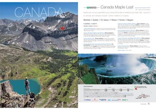 15 GIORNI / 13 NOTTI
PARTENZE DI SABATO
1 giorno, Italia/ NewYork - Partenza con volo di linea per NewYork
(diretto o via Europa).Trasferimento in albergo. Cena libera e pernottamento
all’hotel DoubleTree Metropolitan (o similare 4 stelle).
2 giorno, NewYork - Prima colazione, pranzo e cena liberi.Al mattino giro
della città. Pomeriggio a disposizione. Pernottamento.
3 giorno, giorno, NewYork/ Niagara Falls (632 km) - Prima colazione,
pranzo e cena liberi. Presentarsi entro le 7:15 nella lobby dell’hotel DoubleTree.
Incontro con l’accompagnatore locale e partenza in pullman attraverso lo
Stato di NewYork.Arrivo a Niagara Falls. Pernottamento all’hotel Sheraton o
Radisson (4 stelle).
4 giorno, Niagara Falls eToronto (339 km) - Prima colazione, pranzo e
cena liberi. Escursione in pullman aToronto e visita della città.Tempo a disposizio-
ne presso l’Eaton Centre. Nel pomeriggio, rientro a Niagara Falls e gita in battello
Maid-of-the-Mist fino ai piedi delle cascate (se il battello non opera si visitano gli
ScenicTunnels scavati dietro le cascate).Al termine, rientro in albergo. Per la sera
la guida proporrà una cena facoltativa in ristorante panoramico. Pernottamento.
5 giorno, Niagara Falls/ Washington (691 km) - Prima colazione, pranzo
e cena liberi. Partenza di buon mattino in direzione Sud, attraverso il gradevole
paesaggio collinare e le fertili campagne della Pennsylvania e l’Amish Country
per raggiungere in prima serata la capitale Washington. Pernottamento all’hotel
Hilton o Marriott o Omni (4 stelle).
6 giorno,Washington - Prima colazione, pranzo e cena liberi.Al mattino,
visita della città (principali monumenti e cimitero di Arlington). Pomeriggio a di-
sposizione. Pernottamento. Chiedete alla guida di riconfermarvi luogo ed orario
esatti di ritrovo per il trasferimento in aeroporto dell’indomani.
7 giorno,Washington/ LosAngeles - Prima colazione, pranzo e cena liberi.
Trasferimento in aeroporto e partenza con volo di linea per Los Angeles.Trasferi-
mento in albergo (per gli alberghi in zona aeroporto tramite servizio navetta). Cena
libera e pernottamento all’hotel Hilton Airport o Millennium Biltmore (4 stelle).
8 giorno, Los Angeles - Prima colazione, pranzo e cena liberi.Al mattino
giro orientativo della città. Pomeriggio a disposizione. Pernottamento.
9 giorno, Los Angeles/ Phoenix-Scottsdale (644 km) - Prima colazione,
pranzo e cena liberi. Presentarsi entro le ore 6:45 nella lobby dell’hotel Hilton
Airport oppure entro le ore 7:45 nella lobby dell’hotel Millennium Biltmore.
Incontro con l’accompagnatore e partenza in pullman per Phoenix attraverso la
suggestiva strada del deserto di Mojave.Arrivo nel pomeriggio. Pernottamento
all’hotel Pointe Hilton (o similare 4 stelle).
10 giorno, Phoenix/ Sedona / Grand Canyon (366 km) - Prima cola-
zione, pranzo e cena liberi.Attraversando l’Arizona si visitano le rovine indiane
di Montezuma Castle e la cittadina “new age” di Sedona. Nel pomeriggio, si
raggiunge la regione del Grand Canyon. Pernottamento all’hotel Canyon Plaza
o Grand Canyon Park Lodges (3 stelle).
11 giorno, Grand Canyon/ MonumentValley/ Lake Powell/ Kanab
(612 km) - Prima colazione, pranzo e cena liberi.Al mattino si visitano alcune
terrazze panoramiche sul Grand Canyon e si prosegue attraverso il Painted
Desert per la grandiosa MonumentValley (sosta presso la principale terrazza
panoramica). Raggiunta Page, sulle rive del Lago Powell, si continua nel pome-
riggio alla volta di Kanab, nello Utah. Pernottamento all’hotel Best Western Red
Hills (o similare 3 stelle).
12 giorno, Bryce Canyon/ Zion Park/ LasVegas (519 km) - Prima co-
lazione, pranzo e cena liberi.Visita del Bryce Canyon alle prime luci del giorno.
Al termine proseguimento per il parco Zion. Dopo la visita, continuazione per
LasVegas. Pernottamento all’hotel Excalibur (3 stelle).
13 giorno, LasVegas/ Los Angeles (430 km) - Prima colazione, pranzo
e cena liberi. Partenza per Los Angeles e fine del tour. Pernottamento all’hotel
Hilton (o similare 4 stelle).
14 giorno, Los Angeles/ Italia - Prima colazione libera.Trasferimento in
aeroporto e partenza per l’Italia con voli di linea. Pernottamento a bordo.
15 giorno, Italia - Arrivo in Italia.
“Stars & Stripes”: i colori della bandiera,
tutte le meraviglie costruite dall’uomo e i
grandiosi scenari naturali di questo grande
Paese chiamato America.
New York Niagara Washington Los Angeles Grand Canyon Bryce Las Vegas
ATP-East West Adventure
39Coast to Coast
▲
Con accompagnatore locale
multilingue che parla italiano.
11, 18 APRILE, 2, 9, 16, 23, 30 MAGGIO
6, 13, 20, 27 GIUGNO 2.505 1.340 1.825 820
4, 11, 18, 25 LUGLIO, 1, 8, 15, 22, 29 AGOSTO 2.740 1.560 1.765 820
5, 12, 19, 26 SETTEMBRE, 3, 10, 17, 24, 31 OTTOBRE
14, 28 NOVEMBRE 2.585 1.340 1.905 820
Bambino = min. 8 max 11 anni in camera con 2 adulti; Ragazzo = 12-15 anni; *SoloTour = senza la porzione aerea.
Supplemento per sistemazione a Los Angeles hotel Biltmore € 80 per persona. Forfait 13 prime colazioni € 250.
Supplemento camera singola € 990 (dal 1/9 € 1.100). Ragazzo 12-15 anni in camera con 2 adulti riduzione
€ 900.Terzo adulto in doppia uso tripla riduzione € 620 per camera. CON LUFTHANSA / BRITISH AIRWAYS / AIR FRANCE-
KLM E DELTA quote valide da tutti gli aeroporti Nord e Centro Italia serviti dai singoli vettori. Da Sud Italia e isole (via
Roma CON ALITALIA) + partners SkyTeam AIR FRANCE-KLM E DELTA supp. € 150. Quota gestione pratica € 70 adulti e
bambini dai 2 anni in poi. TASSE AEROPORTUALI (circa): € 430.
QUOTE INDIVIDUALI
in doppia SOLO TOUR*
da Milano e Roma adulto bambino adulto bambino
 