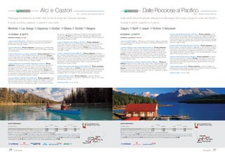 Favoloso Coast to Coast
40 Coast to Coast
21 GIORNI / 19 NOTTI
PARTENZE DI SABATO
1 giorno, Italia/ NewYork - Partenza con volo di linea per NewYork
(diretto o via Europa).Trasferimento in albergo. Cena libera e pernottamento
all’hotel DoubleTree Metropolitan (o similare 4 stelle).
2 giorno, NewYork - Prima colazione, pranzo e cena liberi.Al mattino giro
della città. Pomeriggio a disposizione. Pernottamento.
3 giorno, giorno, NewYork/ Niagara Falls (632 km) - Prima colazione,
pranzo e cena liberi. Presentarsi entro le 7:15 nella lobby dell’hotel DoubleTree.
Incontro con l’accompagnatore locale e partenza in pullman attraverso lo
Stato di NewYork.Arrivo a Niagara Falls. Pernottamento all’hotel Sheraton o
Radisson (4 stelle).
4 giorno, Niagara Falls eToronto (339 km) - Prima colazione, pranzo e
cena liberi.Al mattino, escursione in pullman aToronto e giro orientativo della
città.Tempo a disposizione presso l’Eaton Centre. Nel pomeriggio, rientro a
Niagara Falls e gita in battello Maid-of-the-Mist fino ai piedi delle cascate (nei
mesi freddi se il battello non opera si visitano gli ScenicTunnels scavati dietro le
cascate).Al termine, rientro in albergo. Per la sera la guida proporrà una cena
facoltativa in ristorante panoramico. Pernottamento.
5 giorno, Niagara Falls/ Washington (691 km) - Prima colazione, pranzo
e cena liberi. Partenza di buon mattino in direzione Sud, attraverso il gradevole
paesaggio collinare e le fertili campagne della Pennsylvania e l’Amish Country
per raggiungere in prima serata la capitale Washington. Pernottamento all’hotel
Hilton o Marriott o Omni (4 stelle).
6 giorno,Washington - Prima colazione, pranzo e cena liberi.Al mattino,
visita della città (principali monumenti e cimitero di Arlington). Pomeriggio a di-
sposizione. Pernottamento. Chiedete alla guida di riconfermarvi luogo ed orario
esatti di ritrovo per il trasferimento in aeroporto dell’indomani.
7 giorno,Washington/ LosAngeles - Prima colazione, pranzo e cena liberi.
Trasferimento in aeroporto e partenza con volo di linea per Los Angeles.Trasferi-
mento in albergo (per gli alberghi in zona aeroporto tramite servizio navetta). Cena
libera e pernottamento all’hotel Hilton Airport o Millennium Biltmore (4 stelle).
8 giorno, Los Angeles - Prima colazione, pranzo e cena liberi.Al mattino
giro orientativo della città. Pomeriggio a disposizione. Pernottamento.
9 giorno, Los Angeles/ Phoenix-Scottsdale (644 km) - Prima colazione,
pranzo e cena liberi. Incontro con l’accompagnatore locale e partenza in pul-
lman per Phoenix attraverso la suggestiva strada del deserto di Mojave.Arrivo
nel pomeriggio. Pernottamento all’hotel Pointe Hilton (o similare 4 stelle).
10 giorno, Scottsdale/ Sedona/ Grand Canyon (381 km) - Prima
colazione, pranzo e cena liberi. Attraversando l’Arizona si visitano le rovine
indiane di Montezuma Castle e la cittadina di Sedona. Nel pomeriggio, si
raggiunge la regione del Grand Canyon. Pernottamento all’hotel Canyon Plaza
(o similare 3 stelle).
11 giorno, Grand Canyon/ MonumentValley/ Lake Powell/ Kanab
(612 km) - Prima colazione, pranzo e cena liberi.Al mattino si visitano alcune
terrazze panoramiche sul Grand Canyon e si prosegue attraverso il Painted
Desert per la grandiosa MonumentValley (sosta presso la principale terrazza
panoramica). Raggiunta Page, sulle rive del Lago Powell, si continua nel pome-
riggio alla volta di Kanab, nello Utah. Pernottamento all’hotel Best Western Red
Hills (o similare 3 stelle).
Tour di grande respiro, che unisce il classico “Triangolo dell’Est” con il “Favoloso Far
West” dei parchi nazionali.
New York Niagara Washington Los Angeles Grand Canyon San Francisco
 