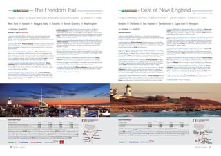 Triangolo dell’Est
Include 7 prime colazioni all’americana, 3 pranzi e 3 cene. Accompagnatore locale che
parla solo italiano.
5East Coast
Con accompagnatore locale
di lingua italiana.
ATP- Pacchetto Triangolo dell’Est
9 GIORNI / 7 NOTTI
PARTENZE DI LUNEDÌ
1 giorno, Italia/ NewYork - Partenza con volo di linea per NewYork (diretto
o via Europa). Incontro con il corrispondente e trasferimento in albergo. Cena
libera e pernottamento all’hotel NewYork Hilton Midtown (4 stelle).
2 giorno, NewYork - Prima colazione. Giro di Manhattan di mezza
giornata con guida italiana seguita da pranzo in ristorante. Pomeriggio a dispo-
sizione per visite facoltative. Cena libera. Pernottamento.
3 giorno, giorno, NewYork/ Niagara Falls (632 km) - Prima cola-
zione. Incontro con l’accompagnatore e partenza in pullman per le cascate
del Niagara attraverso lo Stato di NewYork. Pranzo libero. Arrivo nel tardo
pomeriggio. Cena e pernottamento all’hotel Fallsview Hilton (4 stelle).
4 giorno, Niagara Falls eToronto (264 km) - Prima colazione.Al
mattino, escursione in pullman aToronto e giro orientativo della città (Skydo-
me, Municipio). Pranzo in ristorante e rientro a Niagara Falls.Visita delle
cascate dai due lati statunitense e canadese e gita in battello Maid of the Mist
fino ai piedi delle cascate. Cena libera. Pernottamento.
5 giorno, Niagara Falls/ Washington (691 km) - Prima colazione.
Partenza di buon mattino in direzione Sud. Sosta per il pranzo nello stato del
Pennsylvania ed arrivo nel tardo pomeriggio a Washington DC. Cena libera.
Pernottamento all’hotel Marriott Wardman Park o Washington Hilton o Omni
Shoreham (4 stelle).
6 giorno,Washington - Prima colazione.Al mattino, visita della città
(principali monumenti: Casa Bianca, Campidoglio,Washington Monument e
cimitero di Arlington). Pranzo libero e pomeriggio a disposizione. Cena e
pernottamento.
7 giorno,Washington/ Philadelphia/ NewYork (379 km) - Prima
colazione. Rientro a NewYork con sosta a Philadelphia per un breve giro
orientativo del centro storico. Pranzo libero.Arrivo a N<ewYork nel tardo po-
meriggio e termine del tour. Cena di arrivederci in steakhouse. Pernottamento
all’hotel NewYork Hilton Midtown (4 stelle).
8 giorno, NewYork/ Italia - Prima colazione e check out. Mattina a
disposizione.Trasferimento in aeroporto e partenza per l’Italia. Pernottamento
a bordo.
9 giorno, Italia - Arrivo in mattinata.
New York Niagara Falls Toronto Washington Philadelphia
27 APRILE, 4, 11, 18, 25 MAGGIO, 1, 8, 15, 22 GIUGNO 2.185 1.220 1.825 940
29 GIUGNO, 6, 13, 20, 27 LUGLIO, 3, 10, 17, 24, 31 AGOSTO 2.585 1.720 1.825 940
7, 14, 21, 28 SETTEMBRE, 5 OTTOBRE 2.225 1.220 1.865 940
Bambino = min. 8 max 11 anni in camera con 2 adulti; Ragazzo = 12-15 anni; *SoloTour = senza la porzione aerea.
Supplemento camera singola € 935. Ragazzo 12-15 anni in camera con 2 adulti riduzione € 885.Terzo adulto in doppia uso tripla ridu-
zione € 640 per camera. CON ALITALIA voli di collegamento da Sud Italia e isole supp. € 220; da tutti gli aeroporti Nord e Centro Italia
incluso Napoli nessun supplemento. CON EMIRATES voli diretti da Milano supp. € 80; partenze e/o ritorni di Venerdì o Sabato supp. € 25.
CON AMERICAN AIRLINES / BRITISH AIRWAYS / LUFTHANSA/ UNITED/ AIR FRANCE-KLM E DELTA quote valide da tutti gli aeroporti Nord e Centro Italia
serviti dai singoli vettori. Quota gestione pratica € 70 adulti e bambini dai 2 anni in poi. TASSE AEROPORTUALI (circa): € 370.
QUOTE INDIVIDUALI
in doppia SOLO TOUR*
da Milano e Roma adulto bambino adulto bambino
Toronto
 