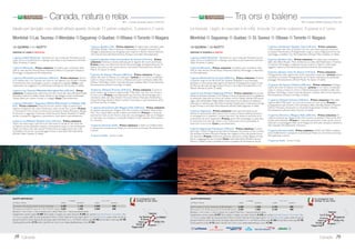 41Coast to Coast
ATP-East West Enchantment
Con accompagnatore locale
di lingua italiana.
12 giorno, Bryce Canyon/ Zion Park/ LasVegas (519 km) - Prima
colazione, pranzo e cena liberi.Visita del Bryce Canyon alle prime luci del gior-
no. Al termine proseguimento per lo spettacolare parco Zion. Dopo la visita,
continuazione verso LasVegas. Pernottamento all’hotel Excalibur (3 stelle).
13 giorno, LasVegas - Prima colazione, pranzo e cena liberi. Giornata a
disposizione. La guida è a disposizione per consigliare, orientare e prenotare
escursioni facoltative. Pernottamento.
14 giorno, LasVegas/ Mammoth Lakes (670 km) - Prima colazione,
pranzo e cena liberi.Tappa di trasferimento dal deserto di Mojave ai paesaggi
alpini della Sierra Nevada. Pernottamento all’hotel Mountain Inn (3 stelle).
Durante i mesi freddi alcune partenze potranno prevedere un itinerario modi-
ficato con pernottamento a Bakersfield/ Fresno.
15 giorno,ParcoYosemite (175 km) - Prima colazione, pranzo e cena liberi.
Intera giornata dedicata alla visita di questo immenso parco nazionale, famoso per
i suoi boschi secolari, le cascate e la bellezza dei suoi paesaggi sempre diversi. Per-
nottamento fuori dal parco presso l’hotelYosemite Southgate (o similare 3 stelle).
16 giorno,Yosemite/ San Francisco (268 km) - Prima colazione, pranzo
e cena liberi. Usciti dal parcoYosemite si prosegue alla volta di San Francisco.
Giro orientativo dei quartieri più caratteristici della città (Union Square, China-
town, il Fisherman’s Wharf e tempo permettendo il Golden Gate Park). Pernot-
tamento all’hotel Holiday Inn Civic Center o Whitcomb (o similare 3 stelle).
17 giorno, San Francisco - Prima colazione, pranzo e cena liberi. Intera
giornata a disposizione; la guida proporrà una gita facoltativa a Sausalito, grade-
vole cittadina di artisti sul lato opposto del Golden Gate. Pernottamento.
18 giorno, San Francisco/ Monterey-Carmel/ Santa Maria (490
km) - Prima colazione, pranzo e cena liberi. Continuazione verso sud e lungo
una porzione della magnifica strada panoramica “17-Mile Drive”. Passando per
Monterey e di seguito Carmel si prosegue poi per la regione di Santa Maria.
Pernottamento all’hotel Historic Santa Maria Inn o Radisson (3 stelle).
19 giorno, Santa Maria/ Los Angeles (255 km) - Prima colazione,
pranzo e cena liberi. Rientro a Los Angeles con una sosta a Santa Barbara. Con
l’arrivo a Los Angeles si conclude il tour in pullman. Pernottamento all’hotel
Hilton Airport (o similare 4 stelle).
20 giorno Los Angeles/ Italia - Prima colazione libera.Trasferimento in
aeroporto e partenza per l’Italia con voli di linea. Pernottamento a bordo.
21 giorno, Italia - Arrivo in Italia.
QUOTE INDIVIDUALI
in doppia SOLO TOUR*
da Milano e Roma adulto bambino adulto bambino
▲
11, 18 APRILE, 2, 9, 16, 23, 30 MAGGIO
6, 13, 20, 27 GIUGNO 3.135 1.605 2.465 1.090
4, 11, 18, 25 LUGLIO, 1, 8, 15, 22, 29 AGOSTO 3.365 1.825 2.400 1.090
5, 12, 19, 26 SETTEMBRE, 3, 10, 17, 24, 31 OTTOBRE
14, 28 NOVEMBRE 3.215 1.605 2.545 1.090
Bambino = min. 8 max 11 anni in camera con 2 adulti; Ragazzo = 12-15 anni; *SoloTour = senza la porzione aerea.
Supplemento per sistemazione a Los Angeles hotel Biltmore € 80 per persona. Forfait 19 prime colazioni € 345.
Supplemento camera singola € 1.380 (dal 1/9 € 1.490). Ragazzo 12-15 anni in camera con 2 adulti riduzione € 1.300.
Terzo adulto in doppia uso tripla riduzione € 830 per camera. CON LUFTHANSA / BRITISH AIRWAYS / AIR FRANCE-KLM E DELTA
quote valide da tutti gli aeroporti Nord e Centro Italia serviti dai singoli vettori.Da Sud Italia e isole (via Roma CON ALITALIA)
+ partners SkyTeam AIR FRANCE-KLM E DELTA supp. € 150. Quota gestione pratica € 70 adulti e bambini dai 2 anni in poi.
TASSE AEROPORTUALI (circa): € 430.
 