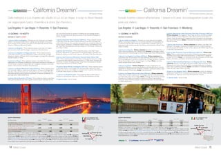 Tutto il fascino ammaliante del Sud. Include 11 prime colazioni.
9East Coast
Con accompagnatore locale
di lingua italiana.
TRV - Cities Mountains & Music
New York Washington Shenandoah Nashville Memphis New Orleans
13 GIORNI / 11 NOTTI
PARTENZE DI SABATO
1 giorno, Italia/ NewYork - Partenza con voli di linea per NewYork (diretti
o via Europa).Trasferimento in albergo. Cena libera e pernottamento all’hotel
Hilton Millennium (o similare 4 stelle).
2 giorno,NewYork - Prima colazione. Ritrovo nella lobby dell’hotel alle ore
8:00.Al mattino, giro orientativo di Manhattan di mezza giornata con guida italiana.
Pomeriggio a disposizione per visite facoltative. Pranzo e cena liberi. Pernottamento.
3 giorno,NewYork/ Philadelphia/Washington (379 km) - Prima cola-
zione. Ritrovo nella lobby dell’hotel alle ore 7:00. Incontro con la guida e partenza
in pullman per Philadelphia. Breve giro orientativo del centro storico (Independen-
ce Mall e Liberty Bell). Pranzo libero.Arrivo nel pomeriggio aWashington. Cena
libera e pernottamento all’hotel Marriott Courtyard (o similare 4 stelle).
4 giorno,Washington - Prima colazione.Al mattino, visita della città: Cam-
pidoglio, obelisco diWashington, Lincoln Monument,Vietnam Memorial, la Casa
Bianca e il cimitero di Arlington. Pomeriggio a disposizione per visita libera ad uno
dei tanti musei dello Smithsonian Institute. Pranzo e cena liberi. Pernottamento.
5 giorno,Washington/ Shenandoah/ Blue Ridge/ Roanoke (430 km)
Prima colazione. Dopo una prima sosta presso le grotte Skyline, si attraversa
il Parco Nazionale di Shenandoah con le sue numerose vedute panoramiche
mozzafiato.A seguire, lungo la panoramica Blue Ridge Parkway si ammirano i
monti Appalachi prima di raggiungere Roanoke inVirginia. Pranzo e cena liberi.
Pernottamento all’hotel Holiday InnTanglewood (o similare 3 stelle).
6 giorno, Roanoke/ Knoxville/ Asheville (390 km) - Prima colazione.
Continuazione verso Sud attraverso Knoxville e Fort Sanders per visitare i luoghi
delle più famose battaglie della guerra di secessione. Sosta per una passeggiata
nel centro storico di Knoxville, dove affondano profonde le radici della musica
country americana. Nel pomeriggio si raggiunge Asheville, una simpatica cittadina
che conserva con amore il suo piccolo patrimonio di palazzi storici. Pranzo e
cena liberi. Pernottamento all’hotel DoubleTree o Biltmore (o similare 3 stelle).
7 giorno,Asheville/ Nashville (480 km) - Prima colazione. Si attraver-
sano le campagne delTennessee alla volta di Nashville, indiscussa capitale della
musica country.Visita al Country Music Hall of Fame Museum. Pranzo e cena
liberi. Pernottamento all’hotel Millennium Maxwell House (o similare 3 stelle).
8 giorno, Nashville/ Memphis (340 km) - Prima colazione. Prosegui-
mento sempre nelTennessee alla volta di Memphis, partia del Blues e del Rock’n
Roll.Visita di Graceland, che fu dimora di Elvis Presley, e ai famosi studi di registra-
zione Sun dove nacquero i capolavori di tanti artisti fra cui Elvis, B.B.King, Johnny
Cash. Giro orientativo del centro storico la città. Pranzo e cena liberi. Pernotta-
mento all’hotel Holiday Inn Downtown Memphis (o similare 3 stelle).
9 giorno, Memphis/ Indianola/Vicksburg/ Natchez (680 km) - Prima
colazione. Continuando verso Sud si entra nel Mississippi, lo stato degli alberi di
magnolia.Visita al B.B.King Museum e proseguimento per la cittadina diVicksburg.
Giro orientativo del centro storico e proseguimento nel pomeriggio per Natchez,
fondata nel 1716 e ancora ricca di cultura e vestigia di un grandioso passato.
Pranzo e cena liberi. Pernottamento all’hotel Hampton Inn (o similare 4 stelle).
10 giorno, Natchez/ Baton Rouge/ New Orleans (430 km) - Prima
colazione. Si penetra nello stato della Louisiana per visitare la capitale Baton
Rouge. Nel pomeriggio, sosta presso la magnifica Oak Alley Plantation, una delle
ville coloniali più famose lungo il fiume Mississippi.Al termine, proseguimento
per la bella e frizzante New Orleans. Pranzo e cena liberi. Pernottamento
all’hotel DoubleTree New Orleans (o similare 4 stelle).
11 giorno, New Orleans - Prima colazione. Mattina dedicata alla visita
della città: ilVieux Carré, Jackson Square e la cattedrale di San Luigi. Il tour
termina con un Jazz Brunch al Court ofTwo Sisters. Pomeriggio a disposizione.
La guida proporrà un’escursione facoltativa nelle famose paludi che circondano
la città per scoprire la cultura dei Cajun. Cena libera e pernottamento.
12 giorno, New Orleans/ Italia - Prima colazione.Trasferimento in
aeroporto. Partenza con voli di linea per l’Italia (via scalo americano). Pernotta-
mento in aereo.
13 giorno, Italia - Arrivo in Italia.
13 GIUGNO, 12 SETTEMBRE 2.730 1.770 2.195 1.360
15 AGOSTO 3.170 2.100 2.195 1.360
Bambino = min. 8 max 11 anni in camera con 2 adulti; Ragazzo = 12-15 anni; *SoloTour = senza la porzione aerea.
Supplemento camera singola € 830. Ragazzo 12-15 anni in camera con 2 adulti riduzione € 820.Terzo adulto in doppia uso tripla ridu-
zione € 710 per camera. CON LUFTHANSA / UNITED / BRITISH AIRWAYS / AMERICAN AIRLINES quote valide da tutti gli aeroporti Nord e Centro
Italia serviti dai singoli vettori. CON DELTA / AIR FRANCE-KLM E ALITALIA quote valide da tutti gli aeroporti Nord e Centro Italia serviti dai singoli
vettori.Voli diretti da Milano e Roma supp.€ 100;da Sud Italia e isole supp.€ 190.Quota gestione pratica € 70 adulti e bambini dai 2 anni
in poi. TASSE AEROPORTUALI (circa): € 410.
QUOTE INDIVIDUALI
in doppia SOLO TOUR*
da Milano e Roma adulto bambino adulto bambino
NOVITÀ
Asheville
Roanoke
Washington
Natchez
New York
New Orleans
Dixieland Express
 