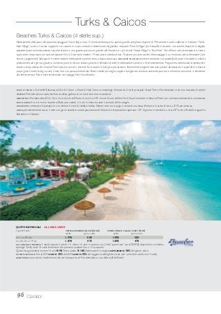 Turks & Caicos
Beaches Turks & Caicos (4 stelle sup.)
Direttamente affacciato sulla stupenda spiaggia di Grace Bay, a circa 15 minuti dall’aeroporto, questo grande complesso dispone di 758 camere e suite suddivise in 4 sezioni:“Carib-
beanVillage”, ovvero il nucleo originario con camere in corpo centrale o disseminate nel giardino tropicale,“FrenchVillage” più tranquillo e discreto, con camere disposte in eleganti
palazzine basse armoniosamente raccolte attorno a una grande piscina con giardini alla francese, e i più recenti “ItalianVillage” e “Key West”, che offrono solo sistemazioni in suite e
super suite che possono arrivare ad ospitare fino a 12 persone insieme. 19 ristoranti e altrettanti bar, 10 piscine più varie vasche idromassaggio e un rinomato centro benessere (con
servizi a pagamento). Sale giochi e numerosissime attrezzature sportive sono a disposizione. ALL INCLUSIVE INCLUDE: pensione completa con possibilità di pasti e bevande a volontà
praticamente ad ogni ora grazie ai numerosi punti di ristoro; utilizzo gratuito e illimitato di tutte le attrezzature sportive e di intrattenimento. Programma settimanale di spettacoli e
serate a tema, utilizzo dei miniclub. Non esistono vincoli o barriere fra le sezioni e tutti gli ospiti possono liberamente scegliere ristoranti, piscine, attrezzature e quant’altro in base ai
propri gusti. Centro diving, nursery e kids club con personale dedicato. Resort ideale per single, coppie e famiglie con bambini; ambiente sportivo e informale, romantico e divertente
allo stesso tempo. Punto mare eccezionale, con spiaggia fine e bianchissima.
96 Caraibi
DAL 1 AL 25 APR 1.970 500 1.990 505
DAL 26 APR AL 19 DIC 1.870 475 1.890 470
OCCUPAZIONE MASSIMA: 3 adulti oppure 2 adulti + 2 minori 16 anni in camera con 2 letti “queen size” (cod. DD/FD); disponibili su richiesta
tipologie “family suite” di varie dimensioni che possono ospitare fino a 12 occupanti.
Quota fissa giornaliera minore 16 anni € 90.Terzo adulto € 140. Sistemazione in singola: SUPPLEMENTO 50% del giorno extra.
OFFERTA SPECIALE: fino al 25/4 SCONTO 25% dal 26/4 SCONTO 35% del soggiorno alberghiero (solo per i primi due adulti, min. 3 notti).
ASSISTENZA: sono inclusi i trasferimenti da/ per l’aeroporto di Providenciales a cura dello staff dell’hotel.
QUOTE INDIVIDUALI ALL INCLUSIVE
5 giorni/4 notti CAMERA CARRIBEAN DELUXE (DK-DD) CAMERA FRENCH VILLAGE LUXURY (FK-FD)
adulto giorno extra adulto giorno extra
DOVE SI TROVA: a Sud delle Bahamas, ad Est di Cuba e a Nord di Haiti. Sono un arcipelago formato da 2 isole principali, Grand Turk e Providenciales e da una manciata di isolotti
disabitati. Protette da una vasta barriera corallina, godono di un mare dai colori eccezionali.
AEROPORTO: Providenciales (PLS). Circa 2 ore di volo da Miami e circa 3 ore 40 minuti di volo da NewYork. Si può rientrare in Italia via Miami con voli intercontinentali in coincidenza.
FUSO ORARIO: 5 ore in meno rispetto all’Italia (ora solare) e 6 ore in meno durante il periodo dell’ora legale.
DOCUMENTI: necessario il passaporto con almeno 6 mesi di validità residua. Nessun visto ma si paga in contanti una tassa d’imbarco in uscita di circa a $ 35 per persona.
CLIMA: prevalentemente secco e mite con giorni assolati e serate piacevolmente fresche. Le temperature superano i 30° di giorno e scendono a circa 20° la sera. Possibili uragani fra
Settembre e Ottobre.
 