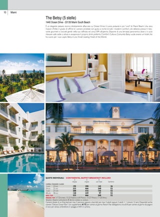 10 Miami 
The Betsy (5 stelle) 
1440 Ocean Drive - 33139 Miami South Beach 
È un elegante palazzo storico direttamente affacciato su Ocean Drive, il cuore pulsante e più “cool” di Miami Beach. Una vera 
maison d’hôte in grado di offrire 61 camere arredate con gusto e ricche di tutti i moderni comfort, cibi deliziosi presso il risto-rante 
gourmet e coccole gentili nella sua raffinata ed unica SPA all’aperto. Dispone di una terrazza panoramica dove ci si può 
rilassare sulle sedie a sdraio e assaporare il proprio drink preferito. Comfort. Cultura. Comunità. Betsy vuole essere un hotel che 
ha cuore per i suoi ospiti. Betsy è uno Small Leading Hotel of the World. 
Quote individuali continental buffet breakfast incluso 
in in in 
doppia singola uso tripla bambino 
camera standard classic 
1-nov 23-dic 195 390 142 36 
24-dic 31-dic 333 666 240 52 
1-gen 27-apr 208 416 156 52 
28-apr 30-giu 120 239 97 52 
date top 333 666 240 52 
periodi top 3-7 Dicembre; 13-23 Febbraio; 6-8 Marzo; 15-27 Marzo; 17-20 Aprile. 
Venerdi e Sabato supplemento € 26 per camera al giorno. 
Camere dotate di un King bed per max 2 persone oppure a due letti per max 3 adulti oppure 2 adulti + 1 minore 12 anni. Disponibili anche 
camere “Deluxe Ocean View” con supplemento € 72 per camera al giorno. Resort Fee obbligatorio circa $18 per camera al giorno da pagarsi 
in loco per sdraio, ombrellone in spiaggia e WiFi in camera. 
 