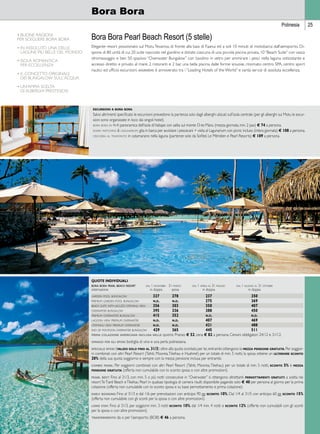 Bora Bora 
Polinesia 25 
Bora Bora Pearl Beach Resort (5 stelle) 
Elegante resort posizionato sul Motu Tevairoa, di fronte alla baia di Faanui ed a soli 10 minuti di motobarca dall’aeroporto. Di-spone 
di 80 unità di cui 20 suite nascoste nel giardino e dotate ciascuna di una piccola piscina privata, 10 “Beach Suite” con vasca 
idromassaggio e ben 50 spaziosi “Overwater Bungalow” con tavolino in vetro per ammirare i pesci nella laguna sottostante e 
accesso diretto e privato al mare. 2 ristoranti e 2 bar, una bella piscina dalle forme sinuose, rinomato centro SPA, centro sport 
nautici ed ufficio escursioni. giudizio: è annoverato tra i “Leading Hotels of the World” e vanta servizi di assoluta eccellenza. 
Quote individuali 
bora bora pearl beach resort dal 1 novembre 31 marzo dal 1 aprile al 31 maggio dal 1 giugno al 31 ottobre 
sistemazione in doppia sposa in doppia in doppia 
garden pool bungalow 327 278 237 350 
premium garden pool bungalow n.d. n.d. 275 369 
beach suite with jacuzzi otemanu view 356 303 350 407 
overwater bungalow 395 336 388 450 
premium overwater bungalow 415 352 n.d. n.d. 
lagoon view premium overwater n.d. n.d. 407 469 
otemanu view premium overwater n.d. n.d. 421 488 
end of pontoon overwater bungalow 429 365 445 511 
prima colazione americana inclusa nelle quote. Pranzo e 52, cena e 82 a persona. Cenoni obbligatori 24/12 e 31/12. 
omaggi per gli sposi: bottiglia di vino e una perla polinesiana. 
speciale sposi: (valido solo fino al 31/3) oltre alla quota scontata per lei, entrambi ottengono la mezza pensione gratuita. Per soggior-ni 
combinati con altri Pearl Resort (Tahiti, Moorea, Tikehau e Huahiné) per un totale di min. 5 notti, la sposa ottiene un ulteriore sconto 
20% della sua quota soggiorno e sempre con la mezza pensione inclusa per entrambi. 
combo pearl: Per soggiorni combinati con altri Pearl Resort (Tahiti, Moorea, Tikehau) per un totale di min. 5 notti, sconto 5% e mezza 
pensione gratuita (offerta non cumulabile con lo sconto sposa o con altre promozioni). 
pearl best: Fino al 31/3, con min. 5 o più notti consecutive in “Overwater” si ottengono altrettanti pernottamenti gratuiti a scelta nei 
resort Te Tiaré Beach e Tikehau Pearl in qualsasi tipologia di camera risulti disponibile pagando solo e 40 per persona al giorno per la prima 
colazione (offerta non cumulabile con lo sconto sposa e su base pernottamento e prima colazione). 
early booking: Fino al 31/3 e dal 1/6 per prenotazioni con anticipo 90 gg. sconto 10%. Dal 1/4 al 31/5 con anticipo 60 gg. sconto 15% 
(offerta non cumulabile con gli sconti per la sposa o con altre promozioni). 
long stay: Fino al 31/3, per soggiorni min. 3 notti sconto 10%; dal 1/4 min. 4 notti e sconto 12% (offerte non cumulabili con gli sconti 
per la sposa o con altre promozioni). 
trasferimento: da o per l’aeroporto (BOB) e 46 a persona. 
4 BUONE RAGIONI 
PER SCEGLIERE BORA BORA 
• in assoluto una delle 
lagune più belle del mondo 
• isola romantica 
per eccellenza 
• il concetto originale 
dei bungalow sull’acqua 
• un’ampia scelta 
di alberghi prestigiosi 
escursioni a bora bora 
Salvo altrimenti specificato le escursioni prevedono la partenza solo dagli alberghi ubicati sull’isola centrale (per gli alberghi sui Motu le escur-sioni 
sono organizzate in loco dai singoli hotel). 
bora bora in 4x4: panoramica dell’isola di Vaitape con salita sul monte O-te-Manu (mezza giornata, min. 2 pax) € 74 a persona. 
shark watching  lagunarium: gita in barca per avvistare i pescecani + visita al Lagunarium con picnic incluso (intera giornata) € 108 a persona. 
crociera al tramonto: in catamarano nella laguna (partenze solo da Sofitel, Le Méridien e Pearl Resorts) € 109 a persona. 
 