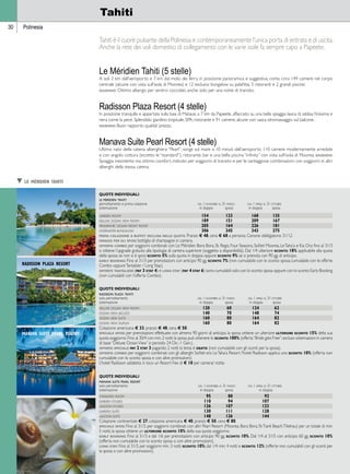 Hawaii 
30 Polinesia 
Tahiti 
Tahiti è il cuore pulsante della Polinesia e contemporaneamente l’unica porta di entrata e di uscita. 
Anche la rete dei voli domestici di collegamento con le varie isole fa sempre capo a Papeete. 
Le Méridien Tahiti (5 stelle) 
A soli 2 km dall’aeroporto e 7 km dal molo dei ferry, in posizione panoramica e suggestiva, conta circa 149 camere nel corpo 
centrale (alcune con vista sull’isola di Moorea) e 12 esclusivi bungalow su palafitta, 3 ristoranti e 2 grandi piscine. 
giudizio: Ottimo albergo per sentirsi coccolati, anche solo per una notte di transito. 
Radisson Plaza Resort (4 stelle) 
In posizione tranquilla e appartata sulla baia di Matavai, a 7 km da Papeete, affacciato su una bella spiaggia lavica di sabbia finissima e 
nera come la pece. Splendido giardino tropicale, SPA, ristorante e 91 camere, alcune con vasca idromassaggio sul balcone. 
giudizio: Buon rapporto qualità/ prezzo. 
Manava Suite Pearl Resort (4 stelle) 
Ultimo nato della catena alberghiera “Pearl”, sorge sul mare a 10 minuti dall’aeroporto. 110 camere modernamente arredate 
e con angolo cottura (eccetto le “standard”), ristorante, bar e una bella piscina “infinity” con vista sull’isola di Moorea. giudizio: 
Spiaggia inesistente ma ottimo comfort; indicato per soggiorni di transito e per le vantaggiose combinazioni con soggiorni in altri 
alberghi della stessa catena. 
Quote individuali 
le meridien tahiti 
pernottamento e prima colazione dal 1 novembre al 31 marzo dal 1 aprile al 31 ottobre 
sistemazione in doppia sposa in doppia sposa 
garden room 154 123 168 135 
deluxe ocean view room 189 151 209 167 
panoramic ocean front room 205 164 226 181 
overwater bungalow 306 245 343 275 
prima colazione a buffet inclusa nelle quote. Pranzo E 48, cena E 68 a persona. Cenone obbligatorio 31/12. 
omaggi per gli sposi: bottiglia di champagne in camera. 
offerta combo: per soggiorni combinati con Le Méridien Bora Bora, St. Regis, Four Seasons, Sofitel Moorea, Le Taha’a e Kia Ora fino al 31/3 
si ottiene l’upgrade gratuito alla tipologia di camera superiore (soggetto a disponibilità). Dal 1/4 ulteriore sconto 18% applicabile alla quota 
della sposa; se non si è sposi sconto 5% sulla quota in doppia oppure sconto 9% se si prenota con 90 gg. di anticipo. 
early booking: Fino al 31/3 per prenotazioni con anticipo 90 gg. sconto 7% (non cumulabile con lo sconto sposa; cumulabile con le offerte 
Combo oppure Tantalizer / Long Stay). 
offerte tantalizer (pay 3 stay 4) e long stay (pay 4 stay 6) sono cumulabili solo con lo sconto sposa oppure con lo sconto Early Booking 
(non cumulabili con l’offerta Combo). 
Quote individuali 
radisson plaza tahiti 
solo pernottamento dal 1 novembre al 31 marzo dal 1 aprile al 31 ottobre 
sistemazione in doppia sposa in doppia sposa 
deluxe ocean view room 120 60 124 62 
ocean view jacuzzi 140 70 148 74 
ocean view suite 160 80 164 82 
ocean view duplex 160 80 164 82 
Colazione americana E 33, pranzo E 48, cena E 50. 
speciale sposi: per prenotazioni effettuate con almeno 90 giorni di anticipo, la sposa ottiene un ulteriore ulteriore sconto 15% della sua 
quota soggiorno. Fino al 30/4 con min. 2 notti la sposa può ottenere lo sconto 100% (offerta “Bride gets Free”; escluso sistemazioni in camera 
di base “Deluxe Ocean View” e periodo 24 Dic.-1 Gen.). 
offerta speciale: pay 2 stay 3 pagando 2 notti la terza è gratis (non cumulabile con gli sconti per la sposa). 
offerta combo: per soggiorni combinati con gli alberghi Sofitel e/o Le Taha’a Resort l’hotel Radisson applica uno sconto 10% (offerta non 
cumulabile con lo sconto sposa e con altre promozioni). 
L’hotel Radisson addebita in loco un Resort Fee di E 10 per camera/ notte. 
Quote individuali 
manava suite pearl resort 
solo pernottamento dal 1 novembre al 31 marzo dal 1 aprile al 31 ottobre 
sistemazione in doppia sposa in doppia 
standard room 95 80 92 
garden studio 110 94 107 
lagoon studio 126 107 123 
garden suite 130 111 128 
lagoon suite 148 126 144 
Colazione continentale E 27; colazione americana E 40, pranzo E 50, cena E 80. 
speciale sposi: Fino al 31/3, per soggiorni combinati con altri Pearl Resort (Moorea, Bora Bora, Te Tiaré Beach, Tikehau) per un totale di min. 
5 notti, la sposa ottiene un ulteriore sconto 10% della sua quota soggiorno. 
early booking: Fino al 31/3 e dal 1/6 per prenotazioni con anticipo 90 gg. sconto 10%. Dal 1/4 al 31/5 con anticipo 60 gg. sconto 10% 
(offerta non cumulabile con lo sconto sposa o con altre promozioni). 
long stay: Fino al 31/3, per soggiorni min. 3 notti sconto 10%; dal 1/4 min. 4 notti e sconto 12% (offerte non cumulabili con gli sconti per 
la sposa o con altre promozioni). 
t le méridien tahiti 
radisson plaza resort 
manava suite pearl resort 
 
