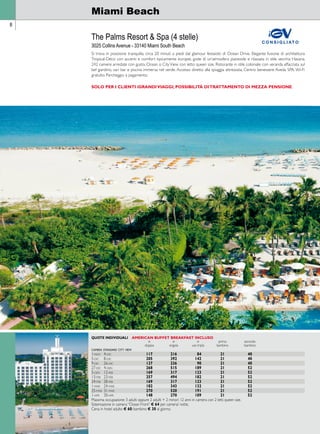 8 
Miami Beach 
The Palms Resort  Spa (4 stelle) 
con s igl i ato 
3025 Collins Avenue - 33140 Miami South Beach 
Si trova in posizione tranquilla, circa 20 minuti a piedi dal glamour festaiolo di Ocean Drive. Elegante fusione di architettura 
Tropical-Déco con accenti e comfort tipicamente europei, gode di un’atmosfera piacevole e rilassata in stile vecchia Havana. 
242 camere arredate con gusto, Ocean o City View con letto queen size. Ristorante in stile coloniale con veranda affacciata sul 
bel giardino, vari bar e piscina immersa nel verde. Accesso diretto alla spiaggia attrezzata. Centro benessere Aveda SPA. Wi-Fi 
gratuito. Parcheggio a pagamento. 
SOLO PER I CLIENTI iGRANDI VIAGGI, POSIBILITà DI TRATTAMENTO DI MEZA PENSIONE. 
Quote individuali AMERICAN buffet breakfast incluso 
in in in primo secondo 
doppia singola uso tripla bambino bambino 
camera standard city view 
1-nov 4-dic 117 216 84 21 40 
5-dic 8-dic 205 392 142 21 40 
9-dic 26-dic 127 236 90 21 40 
27-dic 4-gen 268 515 189 21 52 
5-gen 12-feb 169 317 123 21 52 
13-feb 23-feb 257 494 182 21 52 
24-feb 28-feb 169 317 123 21 52 
1-mar 24-mar 182 343 132 21 52 
25-mar 31-mar 270 520 191 21 52 
1-apr 30-apr 148 270 109 21 52 
Massima occupazione: 3 adulti oppure 2 adulti + 2 minori 12 anni in camera con 2 letti queen size. 
Sistemazione in camera “Ocean Front” € 64 per camera/ notte. 
Cena in hotel adulto € 60; bambino € 30 al giorno. 
 
