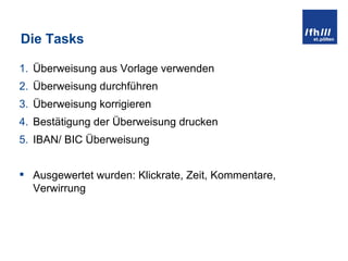 Die Tasks Überweisung aus Vorlage verwenden Überweisung durchführen Überweisung korrigieren Bestätigung der Überweisung drucken IBAN/ BIC Überweisung Ausgewertet wurden: Klickrate, Zeit, Kommentare, Verwirrung 