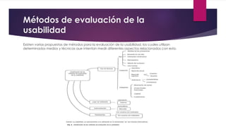 Métodos de evaluación de la
usabilidad
Existen varias propuestas de métodos para la evaluación de la usabilidad, los cuales utilizan
determinados medios y técnicas que intentan medir diferentes aspectos relacionados con esta.
 