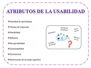 Facilidad de aprendizaje
Tiempo de respuesta
Flexibilidad
Robustez
Recuperabilidad
Sintetizabilidad
Consistencia
Disminución de la carga cognitiva
 