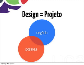 Design = Projeto

                             negócio


                       pessoas


Monday, May 9, 2011
 