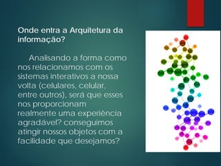 Onde entra a Arquitetura da
informação?
Analisando a forma como
nos relacionamos com os
sistemas interativos a nossa
volta (celulares, celular,
entre outros), será que esses
nos proporcionam
realmente uma experiência
agradável? conseguimos
atingir nossos objetos com a
facilidade que desejamos?
 