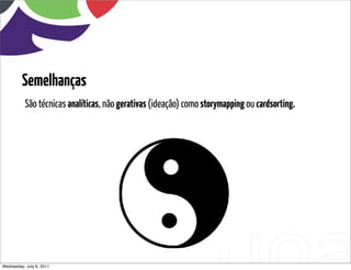 Semelhanças
           São técnicas analíticas, não gerativas (ideação) como storymapping ou cardsorting.




Wednesday, July 6, 2011
 
