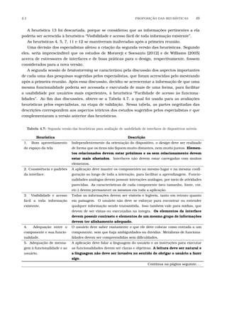 4.1 PROPOSI¸C˜AO DAS HEUR´ISTICAS 49
A heurística 13 foi descartada, porque se considerou que as informações pertinentes a ela
poderia ser acrescida à heurística “Visibilidade e acesso fácil de toda informação existente”.
As heurísticas 4, 5, 7, 11 e 12 se mantiveram inalteradas após a primeira reunião.
Uma decisão dos especialistas afetou a criação da segunda versão das heurísticas. Segundo
eles, seria imprescindível que os estudos de Moraveji e Soesanto [2012] e de Williams [2005]
acerca de estressores de interfaces e de boas práticas para o design, respectivamente, fossem
considerados para a nova versão.
A segunda sessão de brainstorming se caracterizou pela discussão dos aspectos importantes
de cada uma das pesquisas sugeridas pelos especialistas, que foram acrescidas pelo mestrando
após a primeira reunião. Após essa discussão, decidiu-se acrescentar a informação de que uma
mesma funcionalidade poderia ser acessada e executada de mais de uma forma, para facilitar
a usabilidade por usuários mais experientes, à heurística “Facilidade de acesso às funciona-
lidades”. Ao ﬁm das discussões, obteve-se a Tabela 4.7, a qual foi usada para as avaliações
heurísticas pelos especialistas, na etapa de validação. Nessa tabela, as partes negritadas das
descrições correspondem aos aspectos teóricos dos estudos sugeridos pelos especialistas e que
complementaram a versão anterior das heurísticas.
Tabela 4.7: Segunda vers˜ao das heur´ısticas para avalia¸c˜ao de usabilidade de interfaces de dispositivos m´oveis.
Heurística Descrição
1. Bom aproveitamento
do espaço da tela
Independentemente da orientação do dispositivo, o design deve ser realizado
de forma que os itens não ﬁquem muito distantes, nem muito juntos. Elemen-
tos relacionados devem estar próximos e os sem relacionamento devem
estar mais afastados. Interfaces não devem estar carregadas com muitos
elementos.
2. Consistência e padrões
da interface.
A aplicação deve manter os componentes no mesmo lugar e na mesma conﬁ-
guração ao longo de toda a interação, para facilitar a aprendizagem. Funcio-
nalidades análogas devem possuir interações análogas, por meio de atividades
parecidas. As características de cada componente (seu tamanho, fonte, cor,
etc.) devem permanecer os mesmos em toda a aplicação.
3. Visibilidade e acesso
fácil a toda informação
existente.
Todas as informações devem ser visíveis e legíveis, tanto em retrato quanto
em paisagem. O usuário não deve se esforçar para encontrar ou entender
qualquer informação sendo transmitida. Isso também vale para mídias, que
devem de ser vistas ou executadas na íntegra. Os elementos da interface
devem possuir contraste e elementos de um mesmo grupo de informações
devem ter alinhamento adequado.
4. Adequação entre o
componente e sua funcio-
nalidade.
O usuário deve saber exatamente o que ele deve colocar como entrada a um
componente, sem que haja ambiguidades ou dúvidas. Metáforas de funciona-
lidades devem ser compreendidas sem diﬁculdades.
5. Adequação de mensa-
gem à funcionalidade e ao
usuário.
A aplicação deve falar a linguagem do usuário e as instruções para executar
as funcionalidades devem ser claras e objetivas. A leitura deve ser natural e
a linguagem não deve ser invasiva no sentido de obrigar o usuário a fazer
algo.
Continua na página seguinte. . .
 