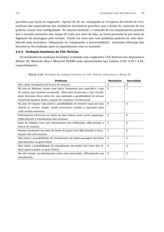 4.2 VALIDA¸C˜AO DAS HEUR´ISTICAS 73
percebeu que havia se enganado. Apesar de ele ter conseguido se recuperar do estado de erro,
nenhum dos especialistas das avaliações heurísticas percebeu que o botão de comando de voz
poderia causar essa ambiguidade. No sistema Android, o comando de voz simplesmente permite
que o usuário preencha um campo de texto por meio da fala, ao invés preenchê-lo por meio da
digitação da mensagem pelo teclado. Tendo em vista que esse problema poderia ter sido iden-
tiﬁcado pela heurística “Adequação do componente à funcionalidade”, nenhuma alteração das
heurísticas foi realizada após os experimentos com os usuários.
4.2.3 Avaliação heurística do UOL Notícias
Os resultados da avaliação heurística realizada com o aplicativo UOL Notícias nos dispositivos
iPhone 4S, Motorola Blur e Motorola XOOM estão apresentados nas Tabelas 4.22, 4.23 e 4.24,
respectivamente.
Tabela 4.22: Resultado da avalia¸c˜ao heur´ıstica do UOL Not´ıcias utilizando-se o iPhone 4S
Problema Heurística Severidade
Não existe ferramenta de busca de noticias. 3 2
Na tela de Noticias, existe uma barra horizontal que especiﬁca o tipo
de noticia que estamos acessando. Nela para trocarmos o tipo visuali-
zado, devemos clicar sobre ele, não existindo a possibilidade de arraste
horizontal (prática muito comum em celulares touchscreen).
3 1
Na aba “ler depois” não existe a possibilidade de remover mais de uma
noticia ao mesmo tempo, sendo necessário realizar a operação para
cada noticia existente.
8 3
Informações referentes ao vídeo na aba Vídeos estão muito pequenas,
d3iﬁcultando a visualização das mesmas.
3 2
Lista de cidades está com informações mal ordenadas, diﬁcultando a
busca do usuário.
3 2
Banner localizado em cima da barra de guias está diﬁcultando a visua-
lização das informações.
3 2
Não existe a possibilidade de visualização em modo paisagem das fotos
apresentadas na guia Fotos.
3 3
Não existe a possibilidade de visualização em modo tela-cheia dos ví-
deos apresentados na guia Vídeos.
3 3
Na tela inicial, as informações estão mal orientadas, diﬁcultando sua
visualização.
3 3
 