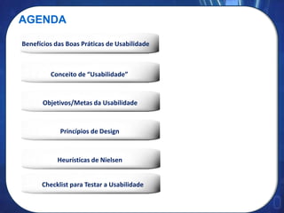 AGENDA
Benefícios das Boas Práticas de Usabilidade
Conceito de “Usabilidade”
Objetivos/Metas da Usabilidade
Princípios de Design
Heurísticas de Nielsen
Checklist para Testar a Usabilidade
 