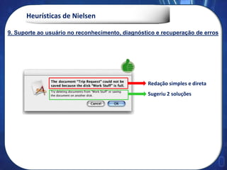 Heurísticas de Nielsen
Redação simples e direta
Sugeriu 2 soluções
9. Suporte ao usuário no reconhecimento, diagnóstico e recuperação de erros
 