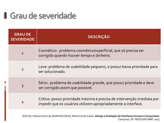 Grau de severidade
  GRAU DE
                                                         DESCRIÇÃO
SEVERIDADE

                 Cosmético: problema cosmético/superficial, que só precisa ser
    1
                 corrigido quando houver tempo e dinheiro.

                 Leve: problema de usabilidade pequeno, e possui baixa prioridade para
    2
                 ser solucionado.

                 Sério: problema de usabilidade grande, que possui prioridade e deve
    3
                 ser corrigido assim que possível.

                 Crítico: possui prioridade máxima e precisa de intervenção imediata por
    4
                 impedir que os usuários utilizem apropriadamente a interface.

    ROCHA, Heloísa Vieira da; BARANAUSKAS, Maria Cecília Calani. Design e Avaliação de Interfaces Humano-Computador.
                                                                                    Campinas, SP: NIED/UNICAMP, 2003.
 