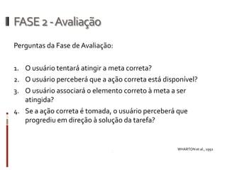 FASE 2 -Avaliação
Perguntas da Fase de Avaliação:

1. O usuário tentará atingir a meta correta?
2. O usuário perceberá que a ação correta está disponível?
3. O usuário associará o elemento correto à meta a ser
   atingida?
4. Se a ação correta é tomada, o usuário perceberá que
   progrediu em direção à solução da tarefa?


                                                   WHARTON et al., 1992
 