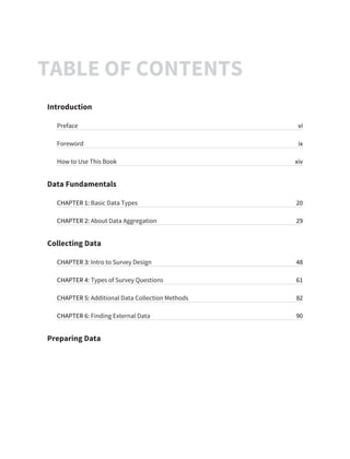 TABLE OF CONTENTS 
Introduction 
Preface vi 
Foreword ix 
How to Use This Book xiv 
Data Fundamentals 
CHAPTER 1: Basic Da...