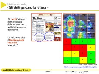 Il lettore del web   - Gli strilli guidano la lettura - Fonte: Poynter Institute - 2004 http://www.poynterextra.org/eyetrack2004/ viewing.htm Gli “ strilli ” di testo hanno un ruolo determinante nel guidare il percorso dell’occhio  La visione va oltre il  triangolo della rilevanza  “canonico” 