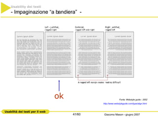 Usability dei testi - Impaginazione “a bandiera”  - Fonte: Webstyle guide - 2002 http://www.webstyleguide.com/ type / align .html   ok 