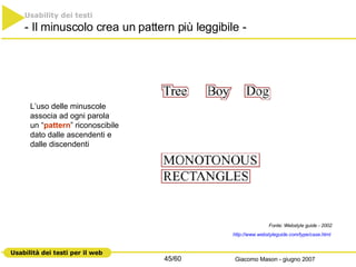 L’uso delle minuscole  associa ad ogni parola  un “ pattern ” riconoscibile dato dalle ascendenti e dalle discendenti Usability dei testi - Il minuscolo crea un pattern più leggibile - Fonte: Webstyle guide - 2002 http://www.webstyleguide.com/type/case.html   