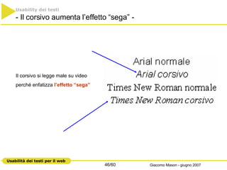 Il corsivo si legge male su video  perché enfatizza  l’effetto “sega” Usability dei testi - Il corsivo aumenta l’effetto “sega” - 