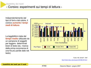 Fonte: Hill, Scharff - 1997 http://hubel.sfasu.edu/research/AHNCUR.html   Indipendentemente dal tipo di font e dal colore, il corsivo  aumenta i tempi medi di lettura La leggibilità è data del  tempo medio  utilizzato da un campione di soggetti per leggere  determinati brani di testo (es.: ricerca della prima occorrenza di una fra più parole date nel testo) Usability dei testi - Corsivo: esperimenti sui tempi di lettura - 
