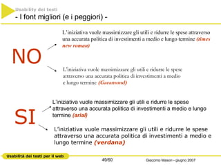 L’iniziativa vuole massimizzare gli utili e ridurre le spese attraverso una accurata politica di investimenti a medio e lungo termine  (times new roman) L’iniziativa vuole massimizzare gli utili e ridurre le spese attraverso una accurata politica di investimenti a medio e lungo termine  (arial) L’iniziativa vuole massimizzare gli utili e ridurre le spese attraverso una accurata politica di investimenti a medio e lungo termine  (Garamond)  L’iniziativa vuole massimizzare gli utili e ridurre le spese attraverso una accurata politica di investimenti a medio e lungo termine  (verdana) Usability dei testi - I font migliori (e i peggiori) - NO SI 