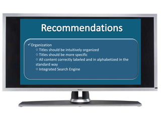 What Is Organization Titles should be intuitively organized Titles should be more specific  All content correctly labeled and in alphabetized in the standard way Integrated Search Engine  