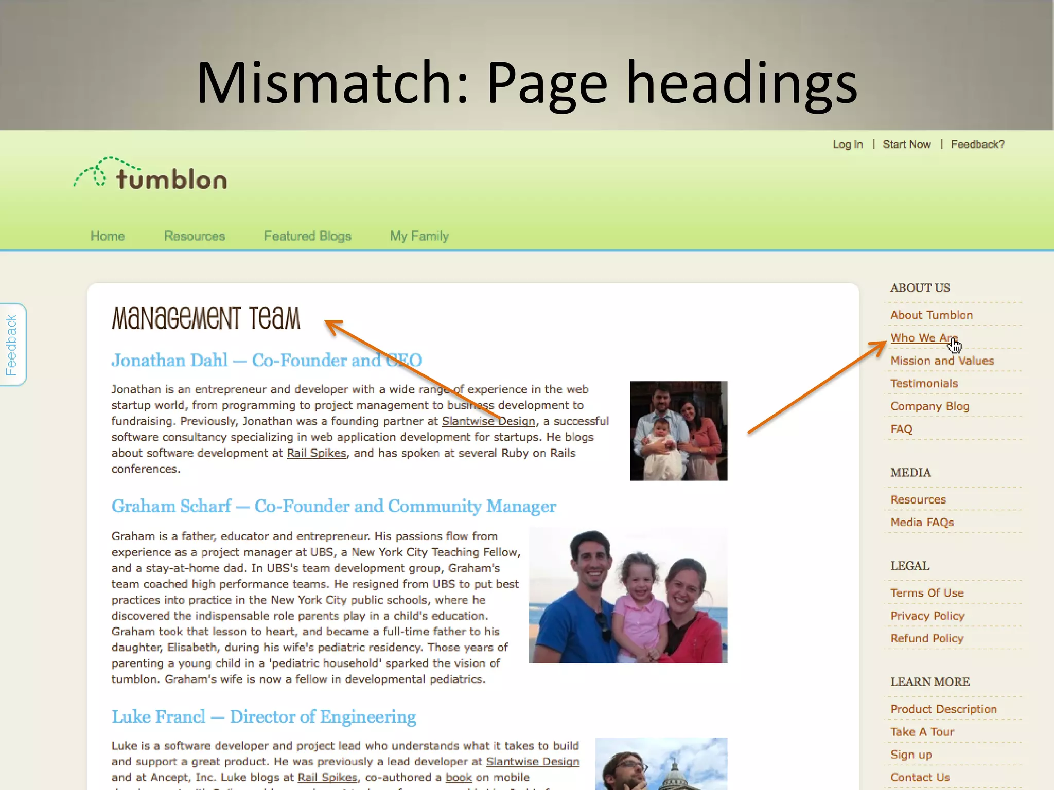 Mismatch: Page headings