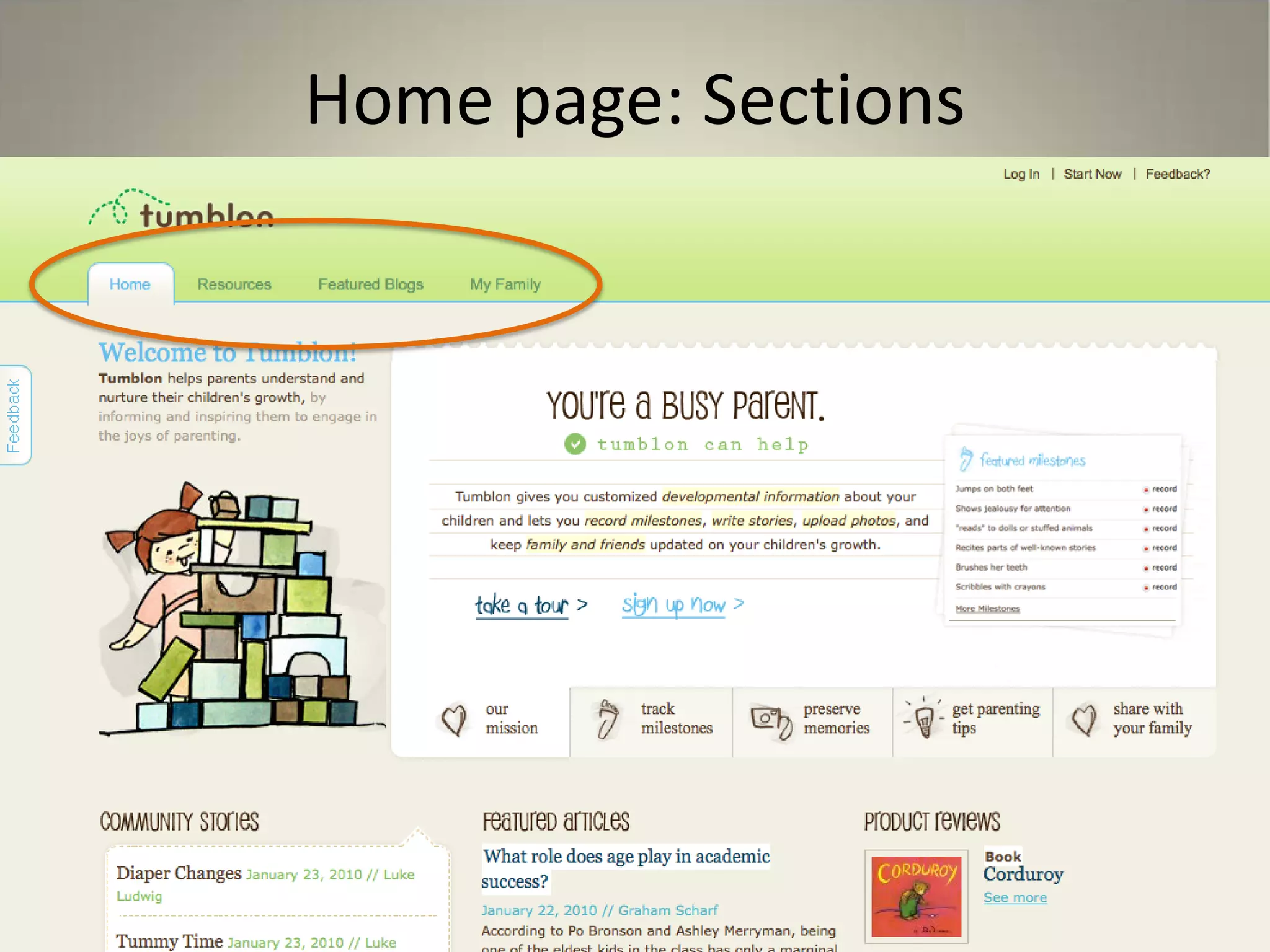 Home page: Sections
