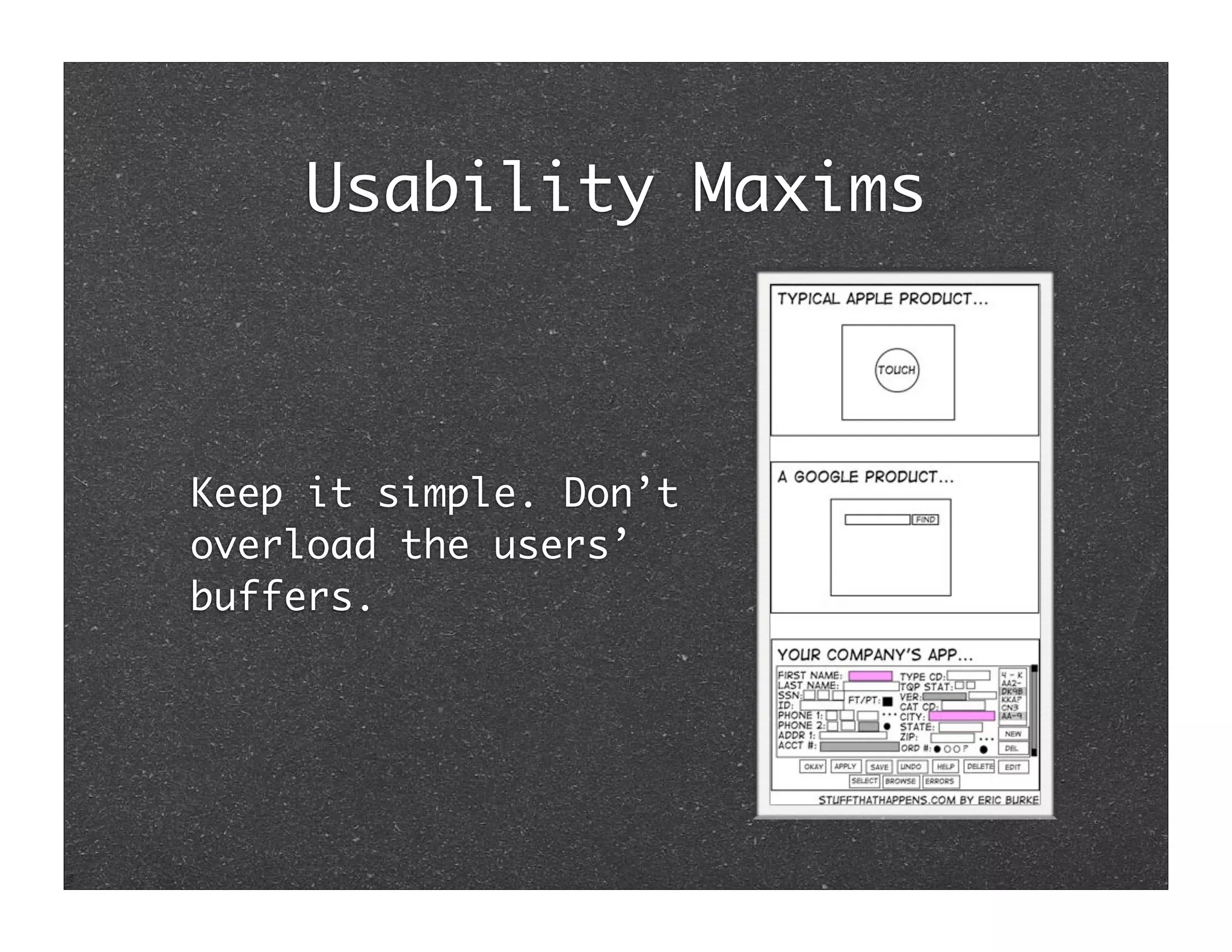 Usability Maxims



Keep it simple. Don’t
overload the users’
buffers.
 