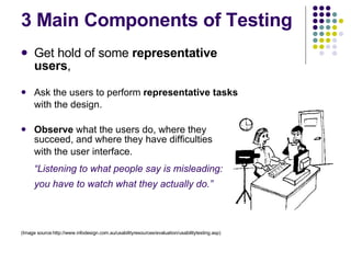 3 Main Components of Testing Get hold of some  representative users ,  Ask the users to perform  representative tasks  with the design.   Observe  what the users do, where they succeed, and where they have difficulties  with the user interface.  “ Listening to what people say is misleading: you have to watch what they actually do.”   (Image source:http://www.infodesign.com.au/usabilityresources/evaluation/usabilitytesting.asp) 