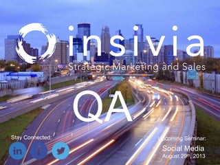 Stay Connected: Upcoming Seminar:
Social Media
August 29th, 2013
QA
 