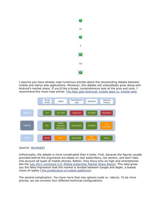 74

4

141

I assume you have already read numerous articles about the neverending debate between
mobile and native web applications. Moreover, this debate will undoubtedly grow along with
Android’s market share. If you’d like a broad, comprehensive look at the pros and cons, I
recommend this must-read article: The fight gets technical: mobile apps vs. mobile sites.

(source: Worklight)
Unfortunatly, the debate is more complicated than it looks. First, because the figures usually
provided behind the arguments are based on new subscribers, not owners, and don’t take
into account all types of mobile phones. Rather, they focus only on high-end smartphones
like the July 2011 comScore U.S. Mobile Subscriber Market Share Report. This data gives
you the false impression that the market is divided between Google and Apple, a biased
vision of reality (The proliferation of mobile platforms).
The second complication: You have more than two options (web vs. native). To be more
precise, we can envision four different technical configurations:

 