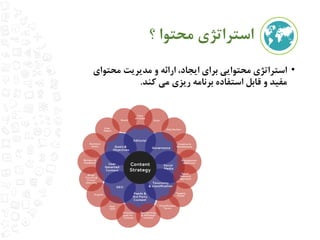 استراتژی محتوا ؟ 
• استراتژی محتوایی برای ایجاد، ارائه و مدیریت محتوای 
مفید و قابل استفاده برنامه ریزی می کند. 
 