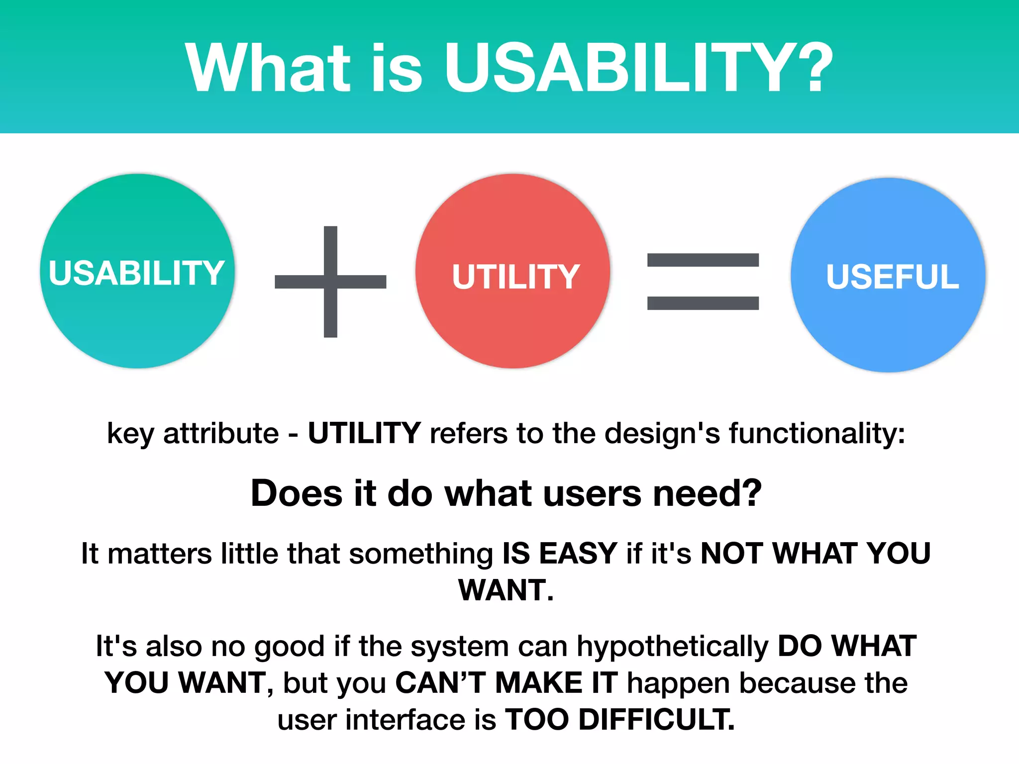 What is USABILITY?
USABILITY UTILITY
+ USEFUL
=key attribute - UTILITY refers to the design's functionality:
Does it do what users need?
It matters little that something IS EASY if it's NOT WHAT YOU
WANT.
It's also no good if the system can hypothetically DO WHAT
YOU WANT, but you CAN’T MAKE IT happen because the
user interface is TOO DIFFICULT.
 