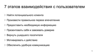 7 этапов взаимодействия с пользователем
〉Найти потенциального клиента
〉Произвести правильное первое впечатление
〉Предоставить необходимую информацию
〉Презентовать себя и завоевать доверие
〉Вернуть ушедшего посетителя
〉Мотивировать к действию
〉Обеспечить удобную коммуникацию
5
 