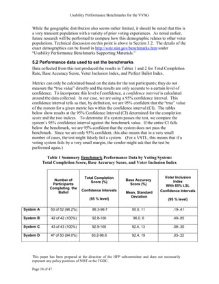 Usability Performance Benchmarks for the VVSG


    While the geographic distribution also seems rather limited, it should be noted that this is
    a very transient population with a variety of prior voting experiences. As noted earlier,
    future research will be performed to compare how this demographic relates to other voter
    populations. Technical discussion on this point is above in Section 3.2. The details of the
    exact demographics can be found in http://vote.nist.gov/benchmarks.htm under
    ―Usability Performance Benchmarks Supporting Materials.‖

    5.2 Performance data used to set the benchmarks
    Data collected from this test produced the results in Tables 1 and 2 for Total Completion
    Rate, Base Accuracy Score, Voter Inclusion Index, and Perfect Ballot Index.

    Metrics can only be calculated based on the data for the test participants; they do not
    measure the ―true value‖ directly and the results are only accurate to a certain level of
    confidence. To incorporate this level of confidence, a confidence interval is calculated
    around the data collected. In our case, we are using a 95% confidence interval. This
    confidence interval tells us that, by definition, we are 95% confident that the ―true‖ value
    of the system for a given metric lies within the confidence interval (CI). The tables
    below show results at the 95% Confidence Interval (CI) determined for the completion
    score and the two indices. To determine if a system passes the test, we compare the
    system‘s 95% confidence interval against the benchmark value. If the entire CI falls
    below the benchmark, we are 95% confident that the system does not pass the
    benchmark. Since we are only 95% confident, this also means that in a very small
    number of cases, the test might falsely fail a system. (For a VSTL, this means that if a
    voting system fails by a very small margin, the vendor might ask that the test be
    performed again.)

             Table 1 Summary Benchmark Performance Data by Voting System:
           Total Completion Score, Base Accuracy Score, and Voter Inclusion Index


                                     Total Completion                                  Voter Inclusion
                 Number of                                     Base Accuracy                Index
                                        Score (%)
                Participants                                     Score (%)             With 85% LSL
               Completing the
                                   Confidence Intervals                              Confidence Intervals
                   Ballot                                      Mean, Standard
                                                                 Deviation
                                        (95 % level)                                      (95 % level)

System A        50 of 52 (96.2%)          86.3-99.7                95.0, 11                  .19-.41

System B        42 of 42 (100%)           92.8-100                  96.0, 6                  .49-.85

System C        43 of 43 (100%)          92.9-100                  92.4, 13                  .08-.30

System D        47 of 50 (94.0%)         83.2-98.6                 92.4, 19                  .03-.22




    This paper has been prepared at the direction of the HFP subcommittee and does not necessarily
    represent any policy positions of NIST or the TGDC.

    Page 18 of 47
 